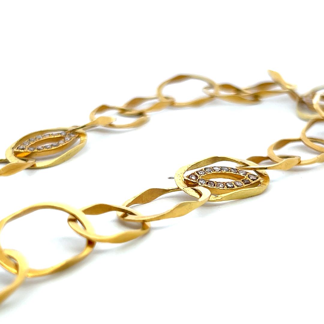 Vintage 18K Yellow Gold Link Necklace with 0.56 Carat Rose Cut J SI Diamonds
