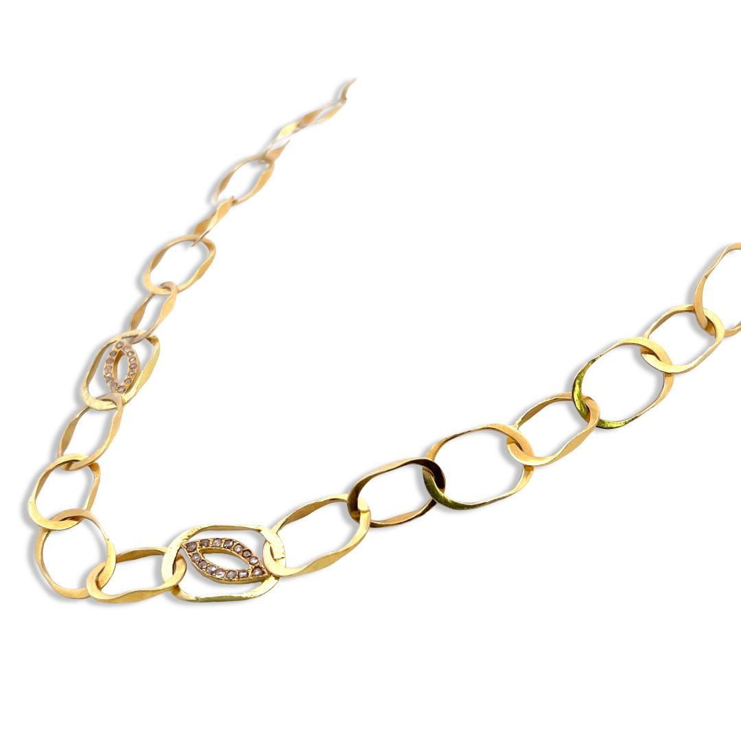 Vintage 18K Yellow Gold Link Necklace with 0.56 Carat Rose Cut J SI Diamonds