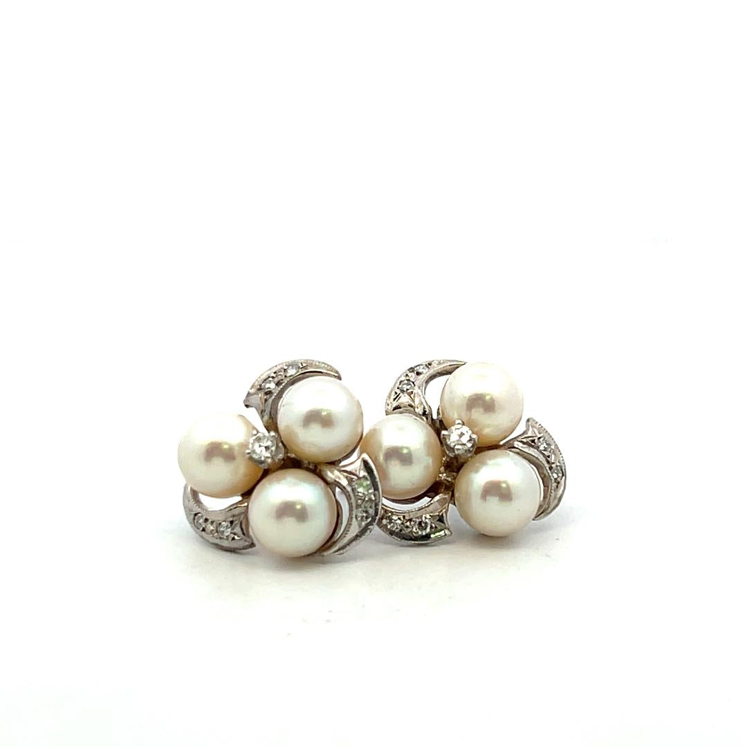 18K White Gold Cluster Earrings with 0.12ct Round H SI Diamonds & 6.00 MM Pearl