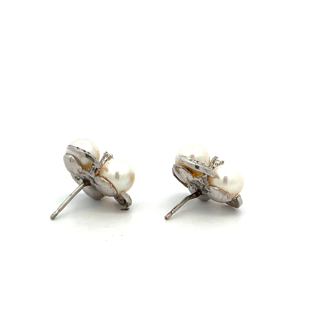 18K White Gold Cluster Earrings with 0.12ct Round H SI Diamonds & 6.00 MM Pearl