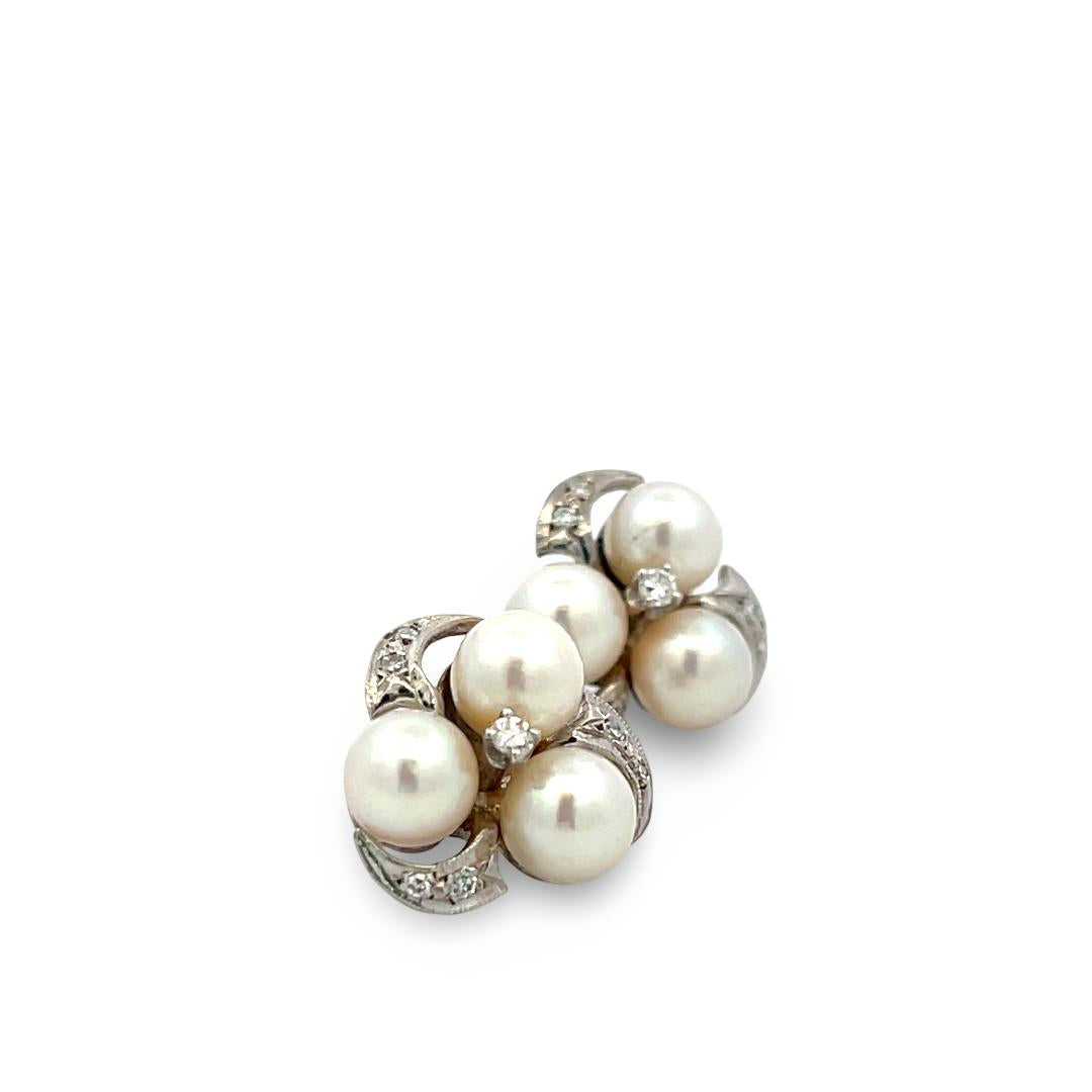 18K White Gold Cluster Earrings with 0.12ct Round H SI Diamonds & 6.00 MM Pearl