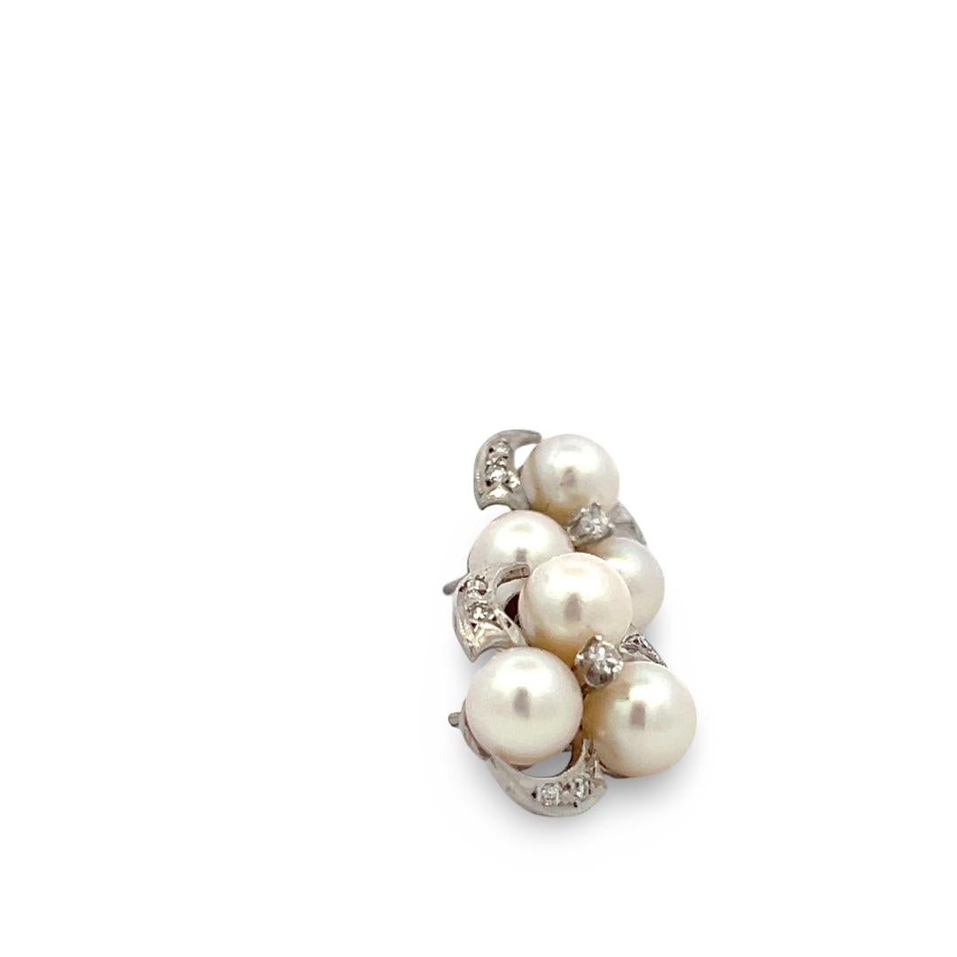 18K White Gold Cluster Earrings with 0.12ct Round H SI Diamonds & 6.00 MM Pearl