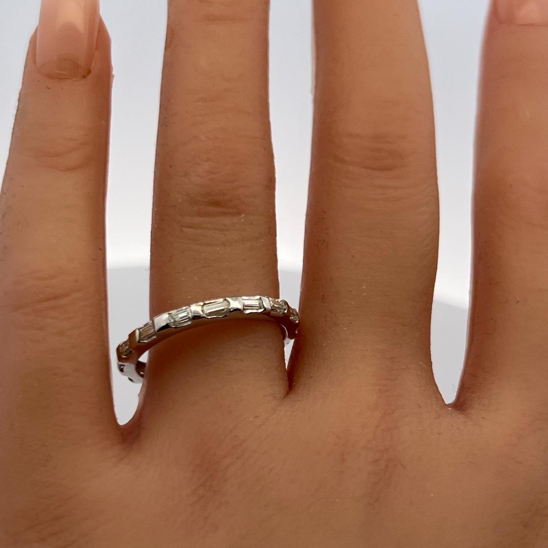 18K White Gold Eternity Band Ring with 0.8 Carat Emerald Cut Diamond Size 10