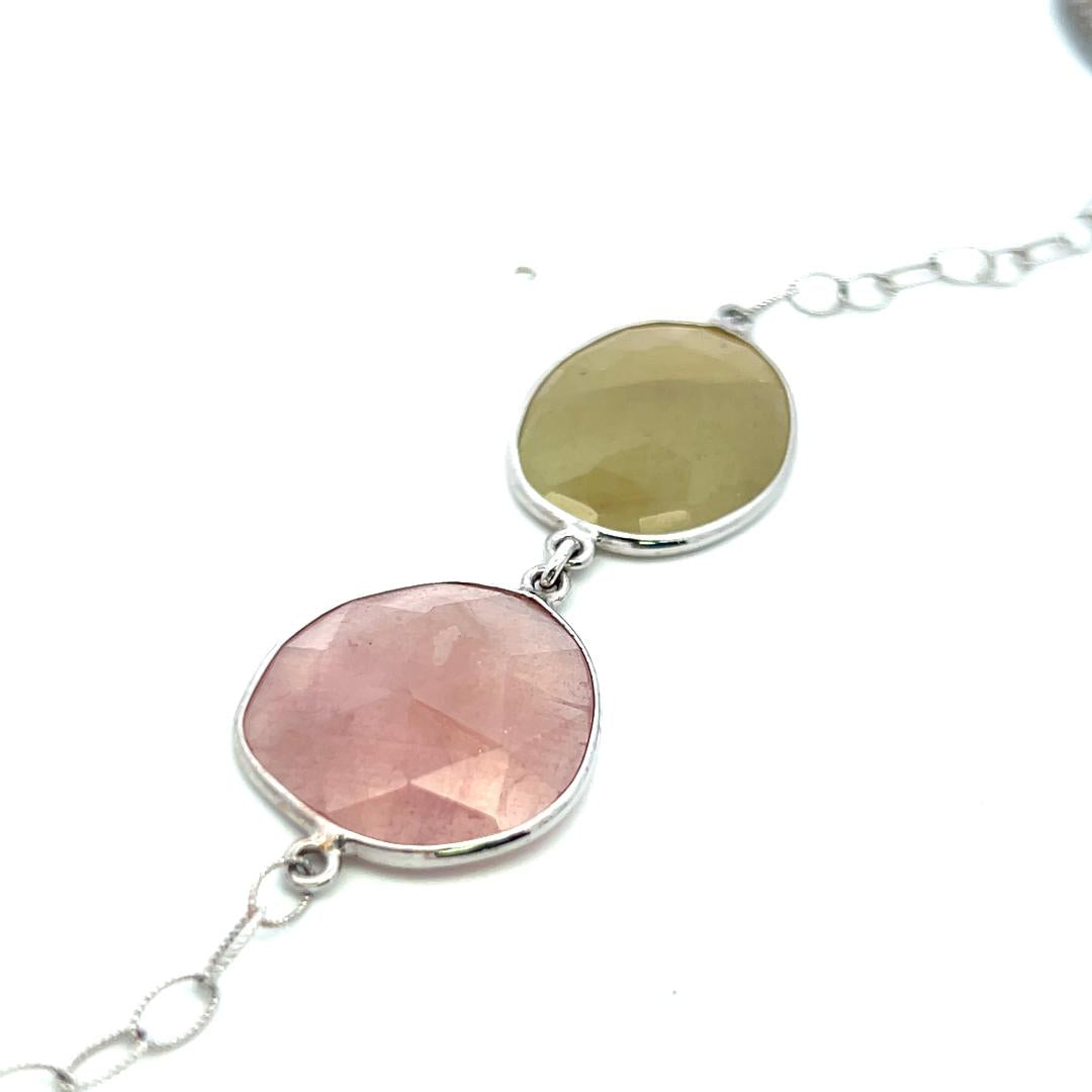 Vintage 18K White Gold Link Necklace with 3.3 Carat Round Diamonds & Multi-Gems