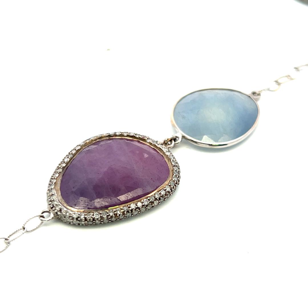 Vintage 18K White Gold Link Necklace with 3.3 Carat Round Diamonds & Multi-Gems