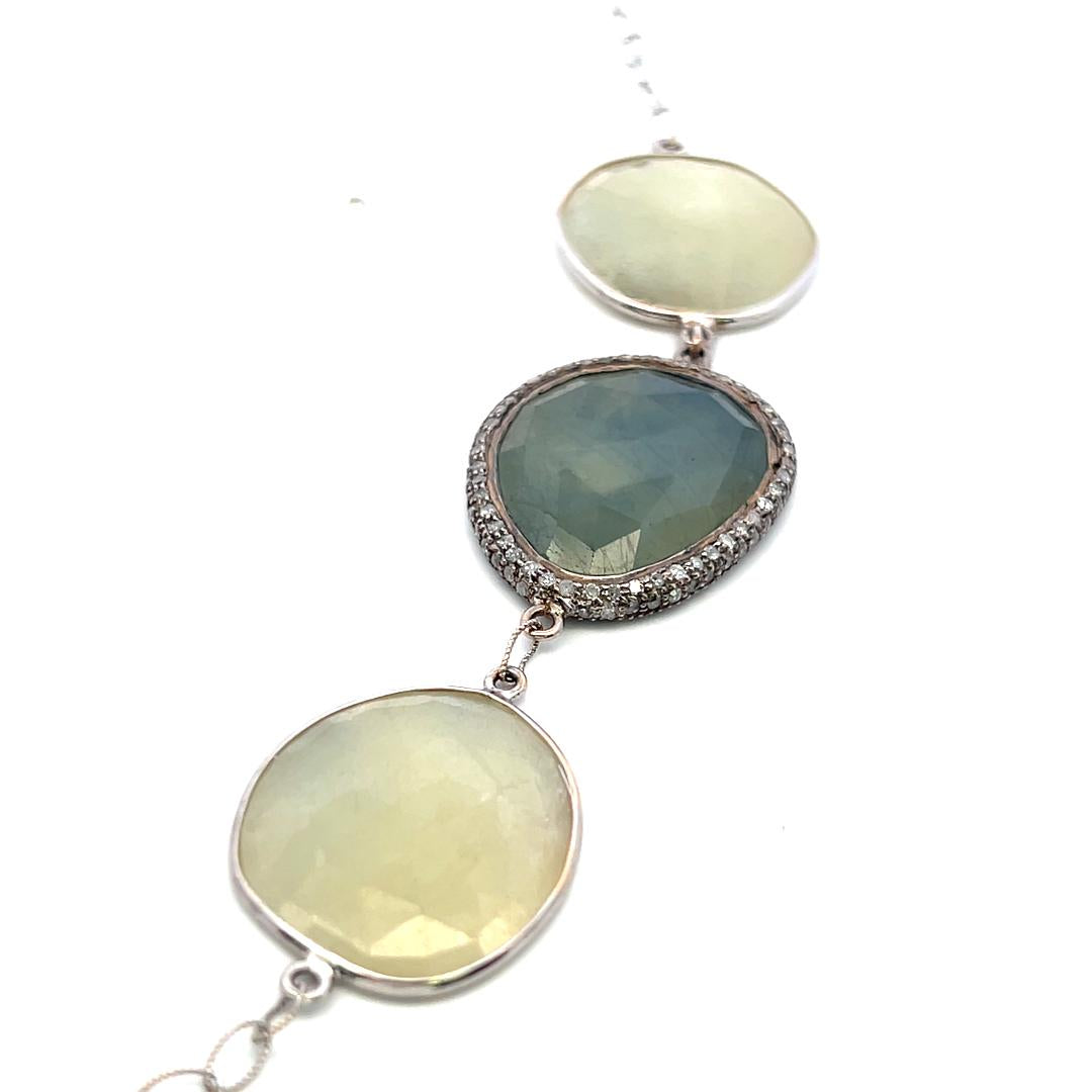 Vintage 18K White Gold Link Necklace with 3.3 Carat Round Diamonds & Multi-Gems