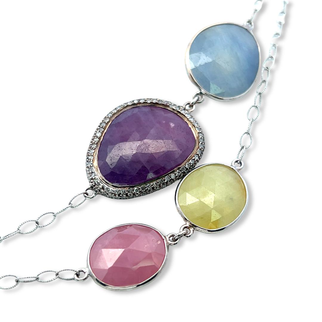 Vintage 18K White Gold Link Necklace with 3.3 Carat Round Diamonds & Multi-Gems