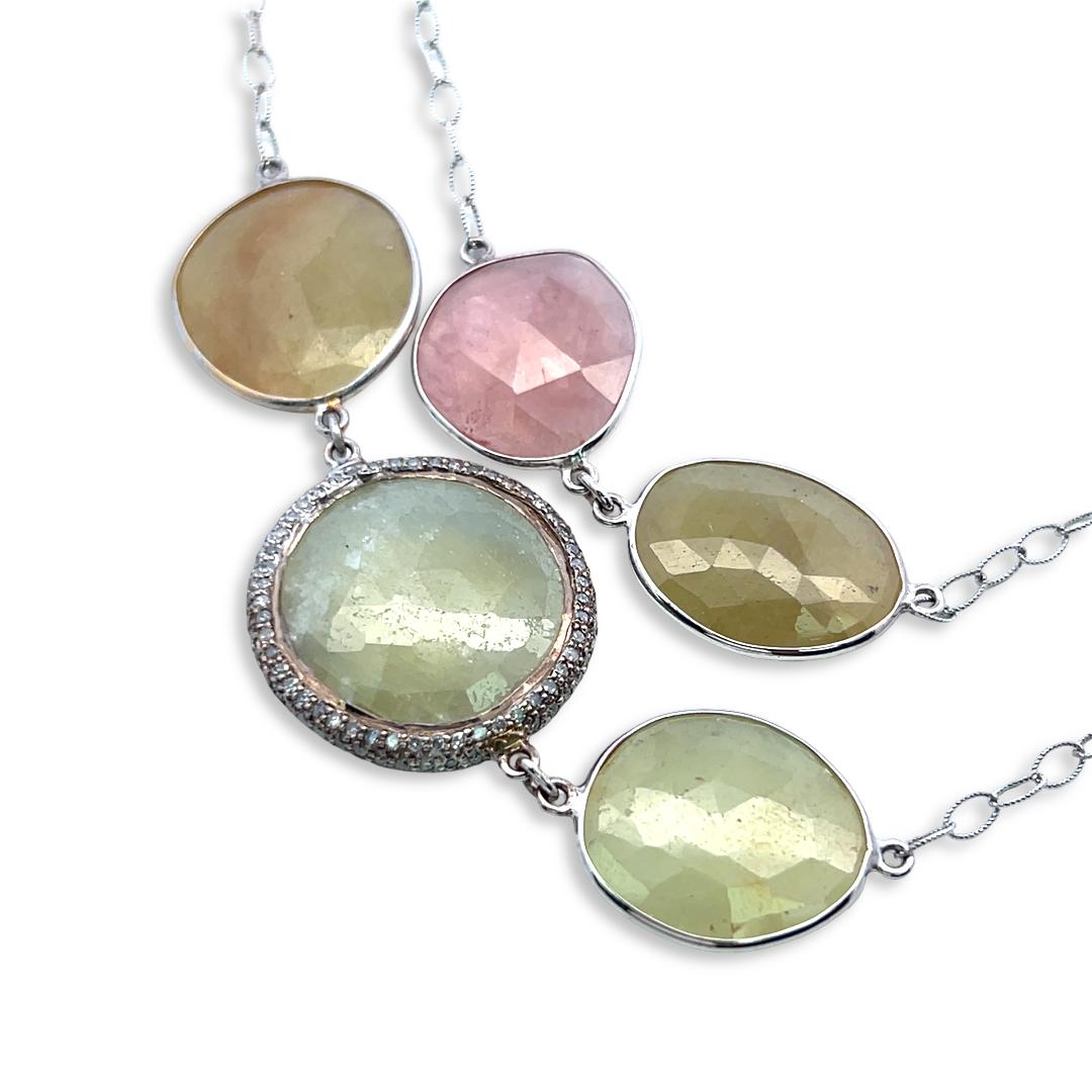 Vintage 18K White Gold Link Necklace with 3.3 Carat Round Diamonds & Multi-Gems