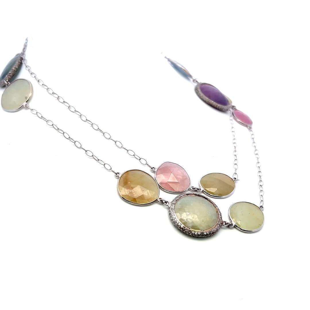 Vintage 18K White Gold Link Necklace with 3.3 Carat Round Diamonds & Multi-Gems