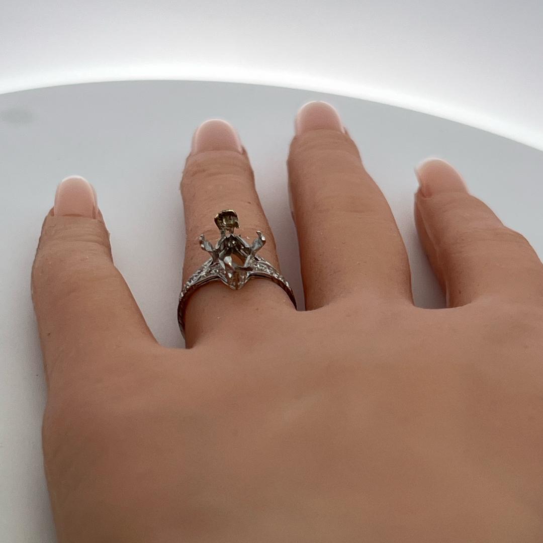 18K White Gold Semi Mount Ring with 0.12ct Round Diamonds Fits 14.1x8.7mm 3.5ct+