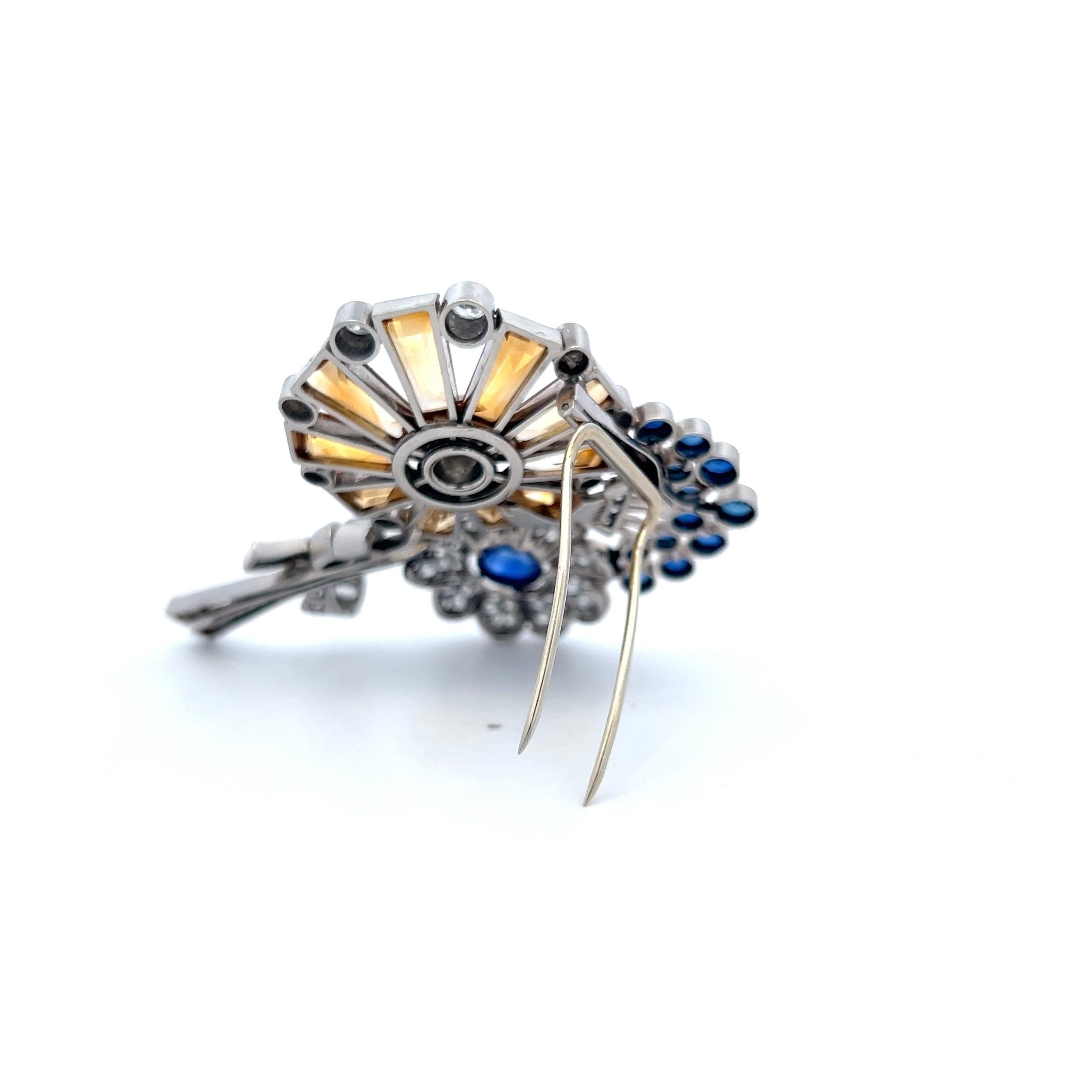 Estate 16K Gold Platinum Pin Brooch with 5ct Diamonds 3.5ct Sapphire and Citrine