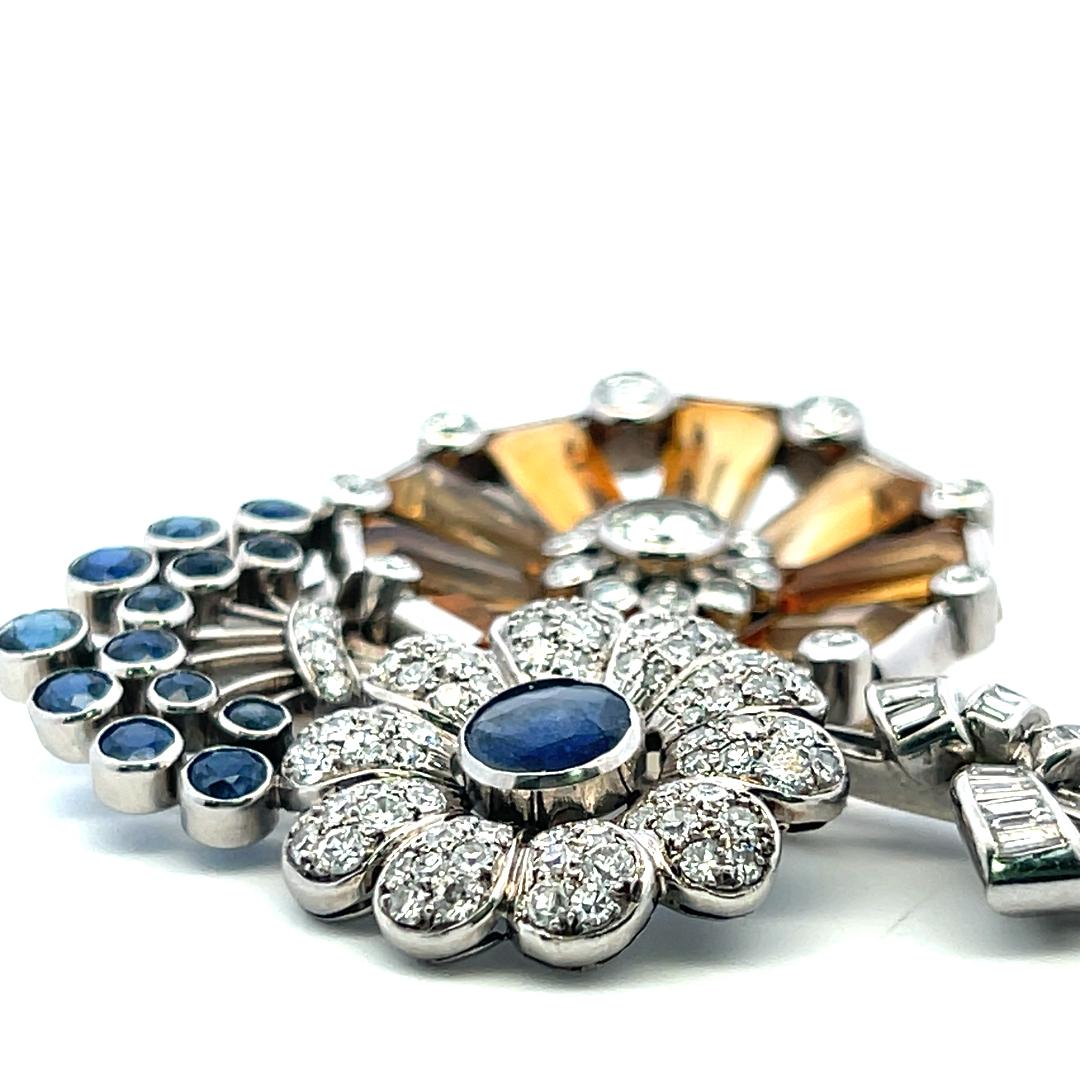 Estate 16K Gold Platinum Pin Brooch with 5ct Diamonds 3.5ct Sapphire and Citrine