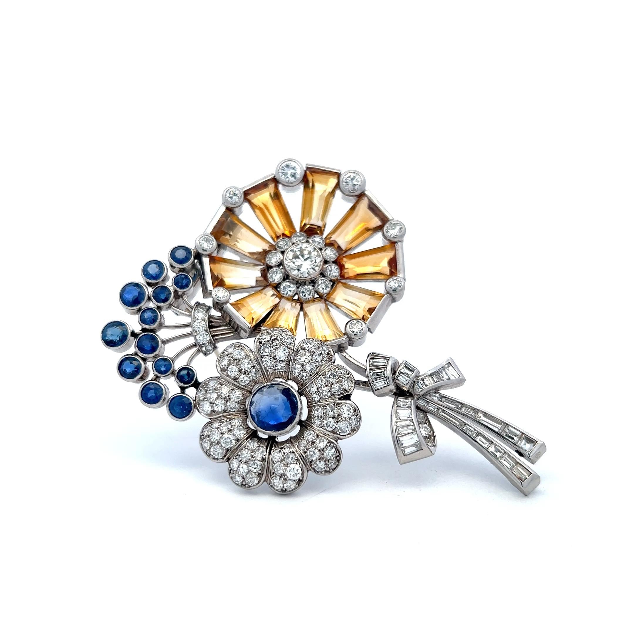 Estate 16K Gold Platinum Pin Brooch with 5ct Diamonds 3.5ct Sapphire and Citrine