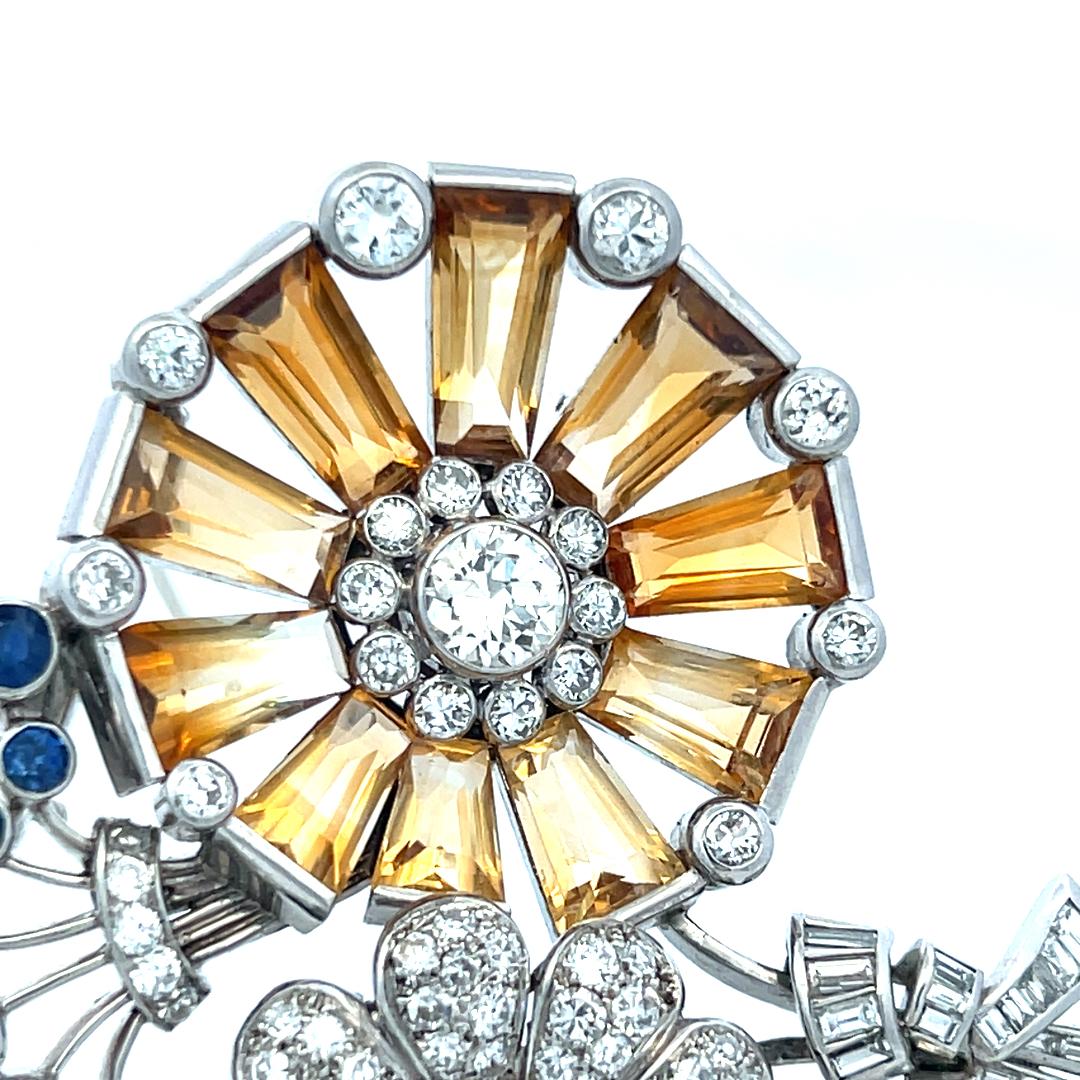 Estate 16K Gold Platinum Pin Brooch with 5ct Diamonds 3.5ct Sapphire and Citrine