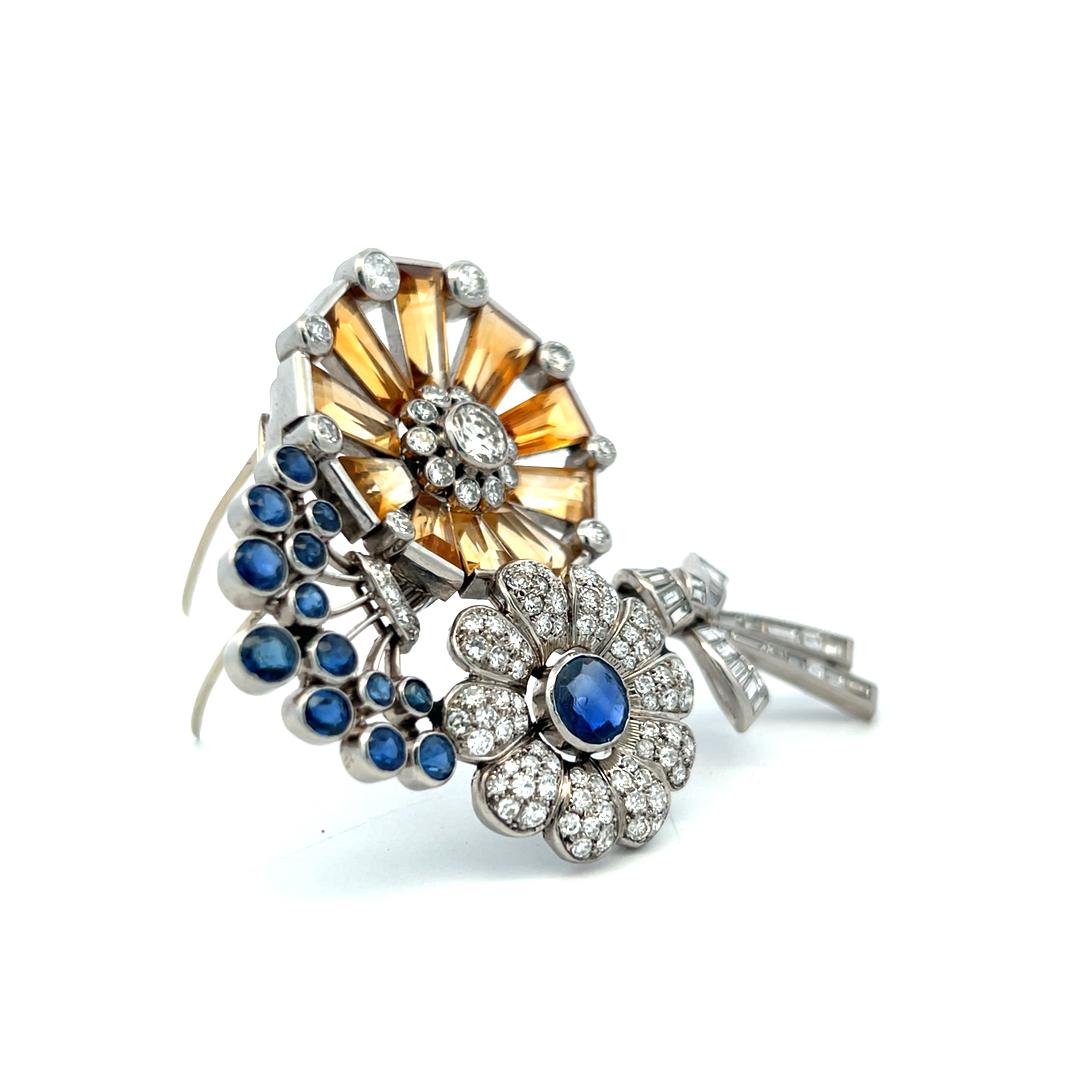 Estate 16K Gold Platinum Pin Brooch with 5ct Diamonds 3.5ct Sapphire and Citrine