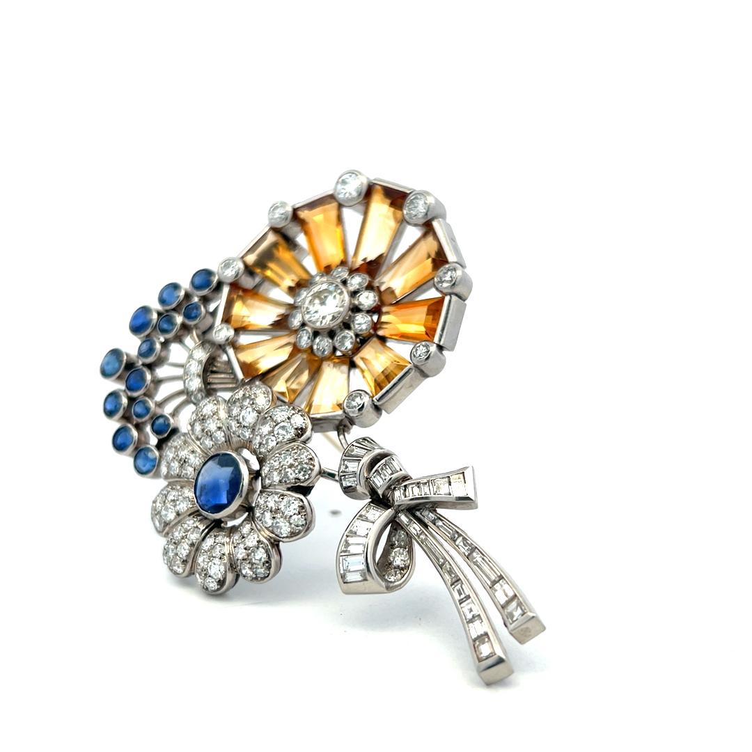Estate 16K Gold Platinum Pin Brooch with 5ct Diamonds 3.5ct Sapphire and Citrine