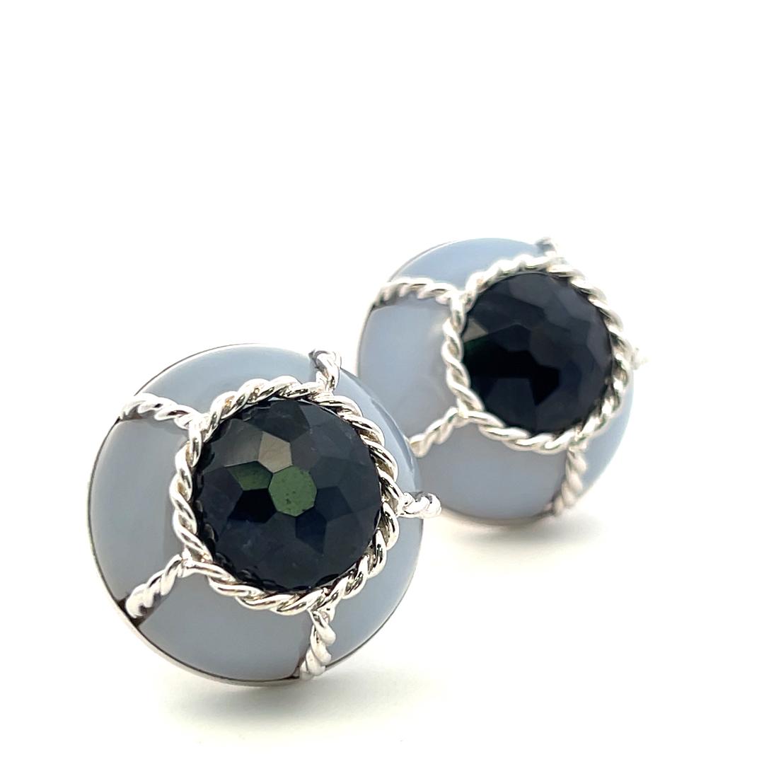 Seaman Schepps 18K White Gold Clip On Earrings with Chalcedony & Amethyst Gems