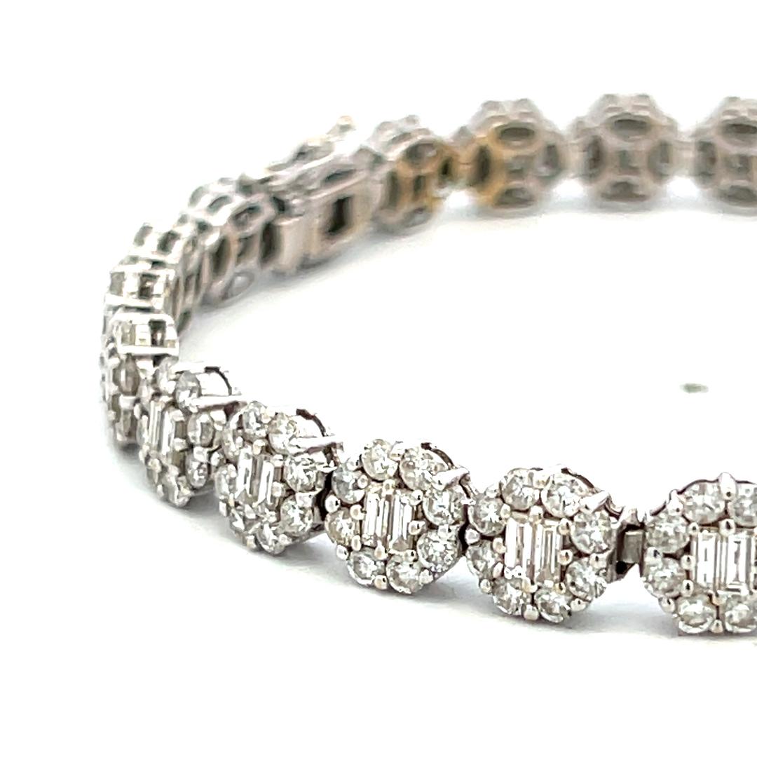 Vintage 18K White Gold Link Bracelet with 3.75ct Round & Baguette H VS Diamonds