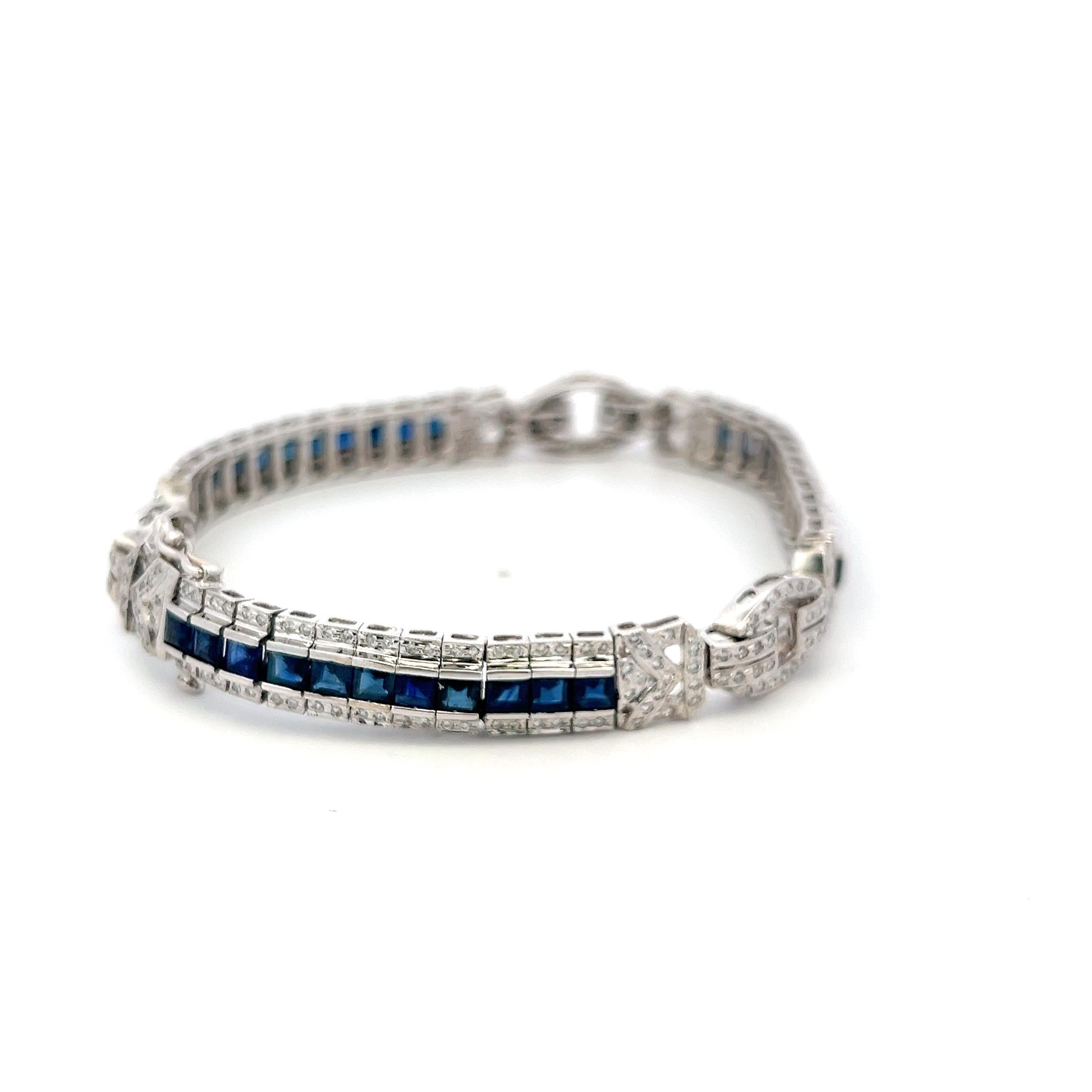 18K White Gold Art-Deco Bracelet with 1.54ct Round I I1 Diamonds & 6ct Sapphire
