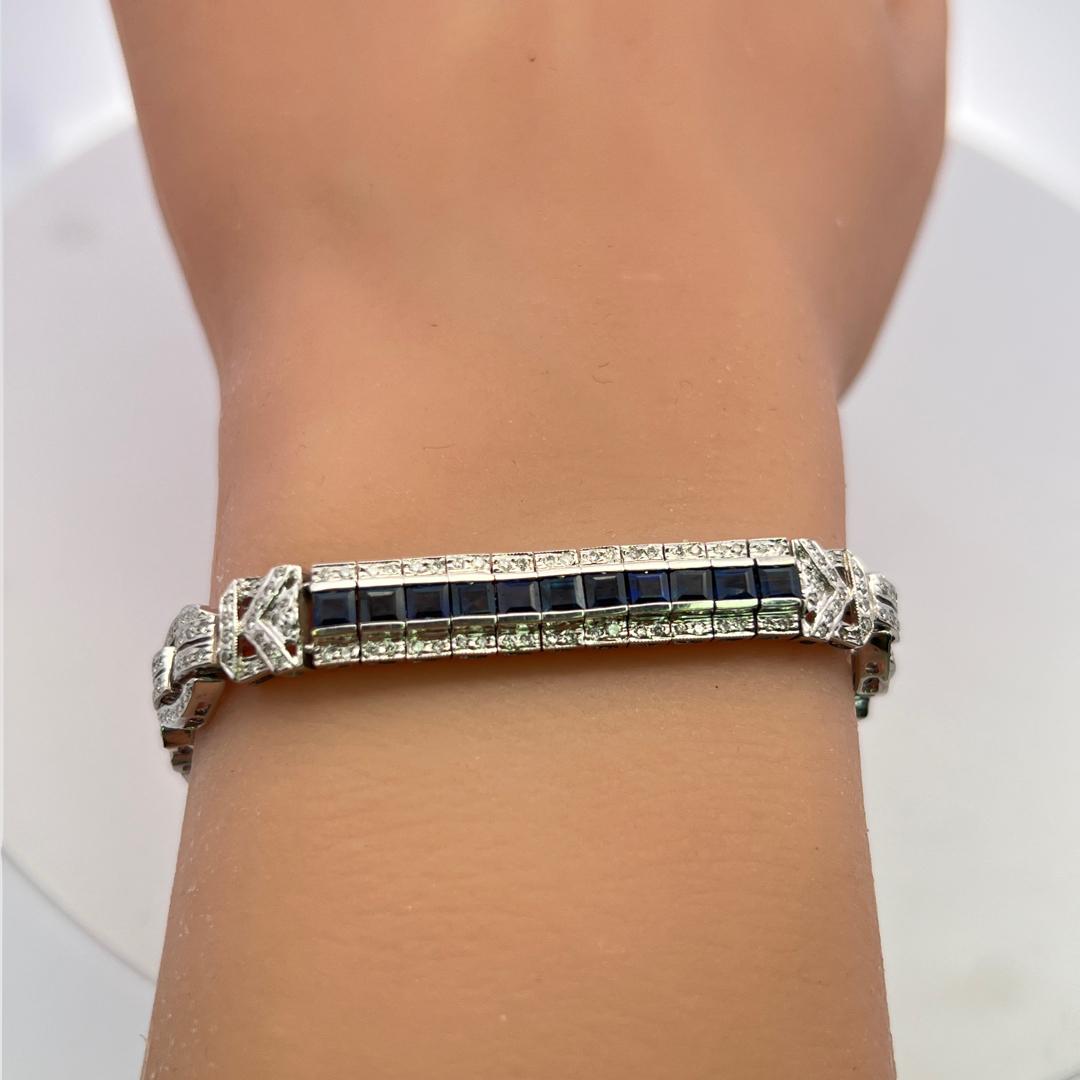 18K White Gold Art-Deco Bracelet with 1.54ct Round I I1 Diamonds & 6ct Sapphire