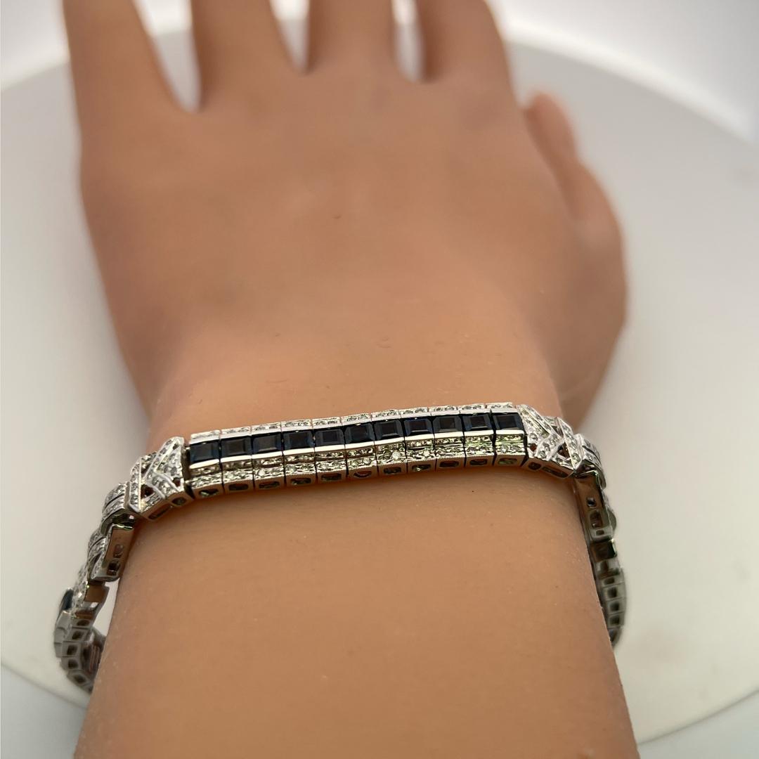 18K White Gold Art-Deco Bracelet with 1.54ct Round I I1 Diamonds & 6ct Sapphire
