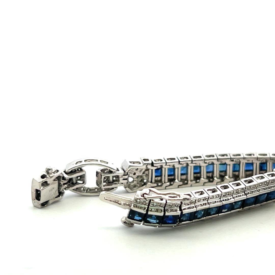 18K White Gold Art-Deco Bracelet with 1.54ct Round I I1 Diamonds & 6ct Sapphire
