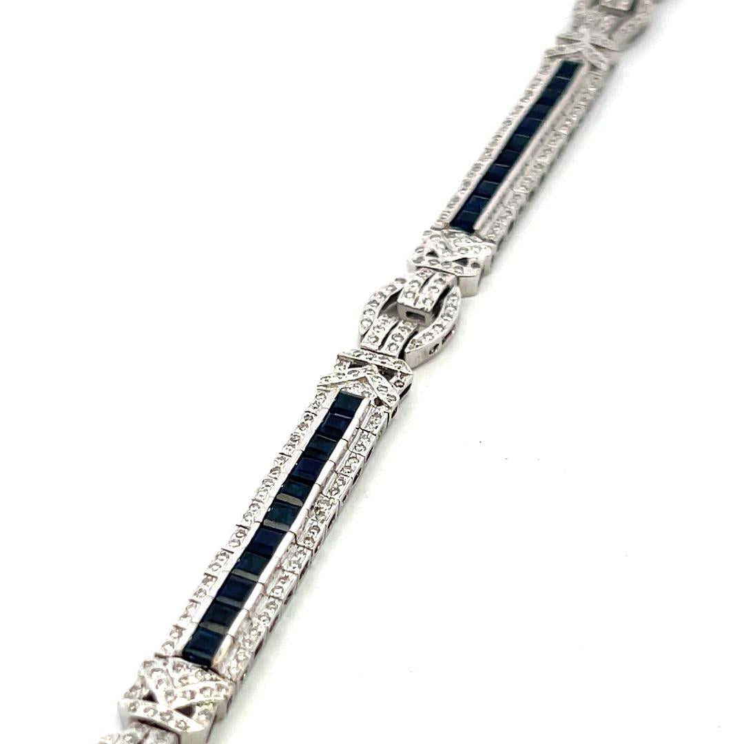 18K White Gold Art-Deco Bracelet with 1.54ct Round I I1 Diamonds & 6ct Sapphire