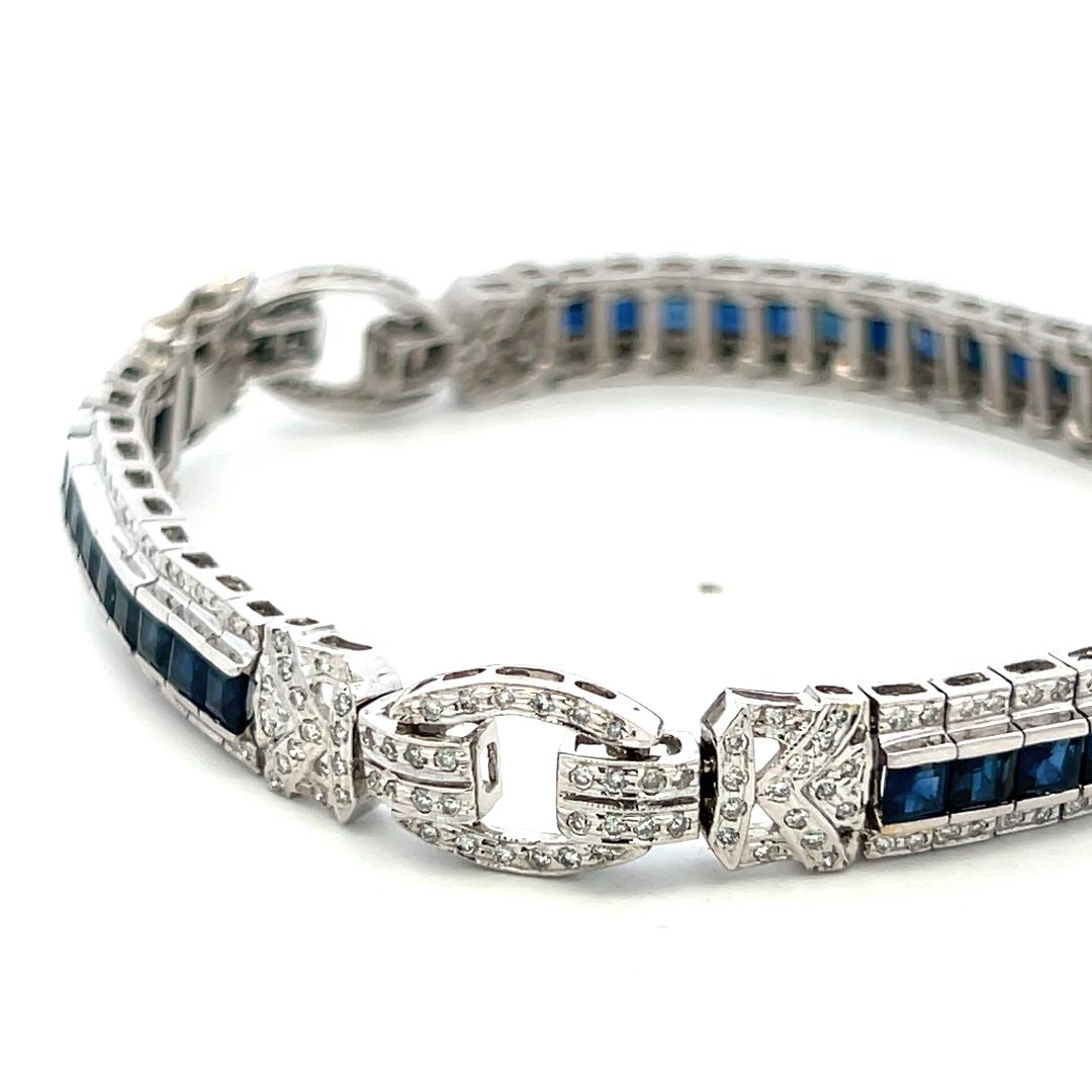 18K White Gold Art-Deco Bracelet with 1.54ct Round I I1 Diamonds & 6ct Sapphire