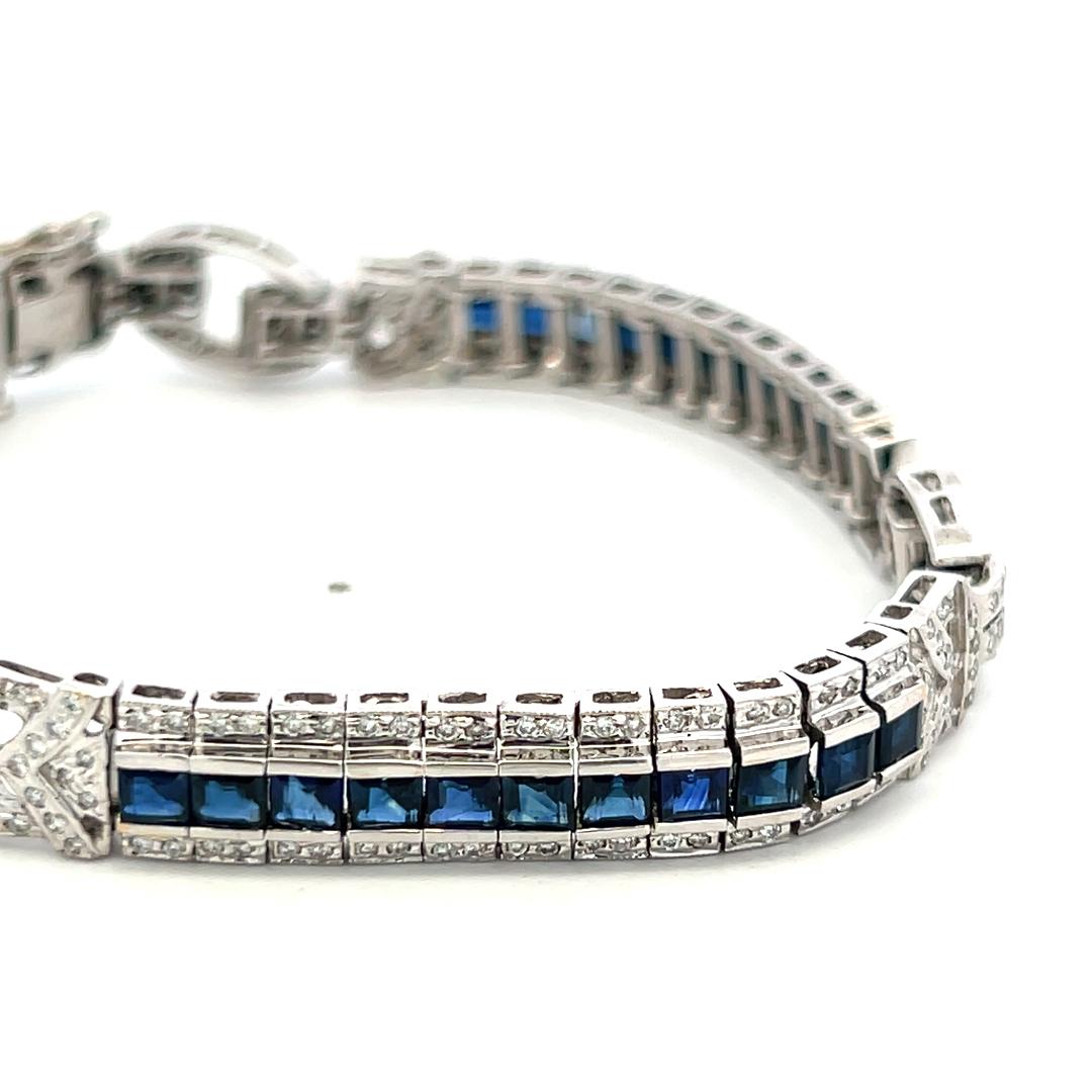 18K White Gold Art-Deco Bracelet with 1.54ct Round I I1 Diamonds & 6ct Sapphire