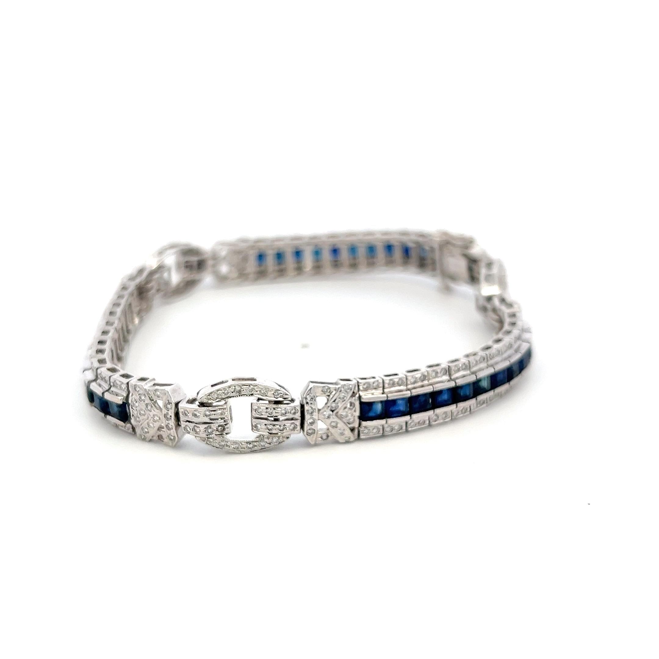 18K White Gold Art-Deco Bracelet with 1.54ct Round I I1 Diamonds & 6ct Sapphire