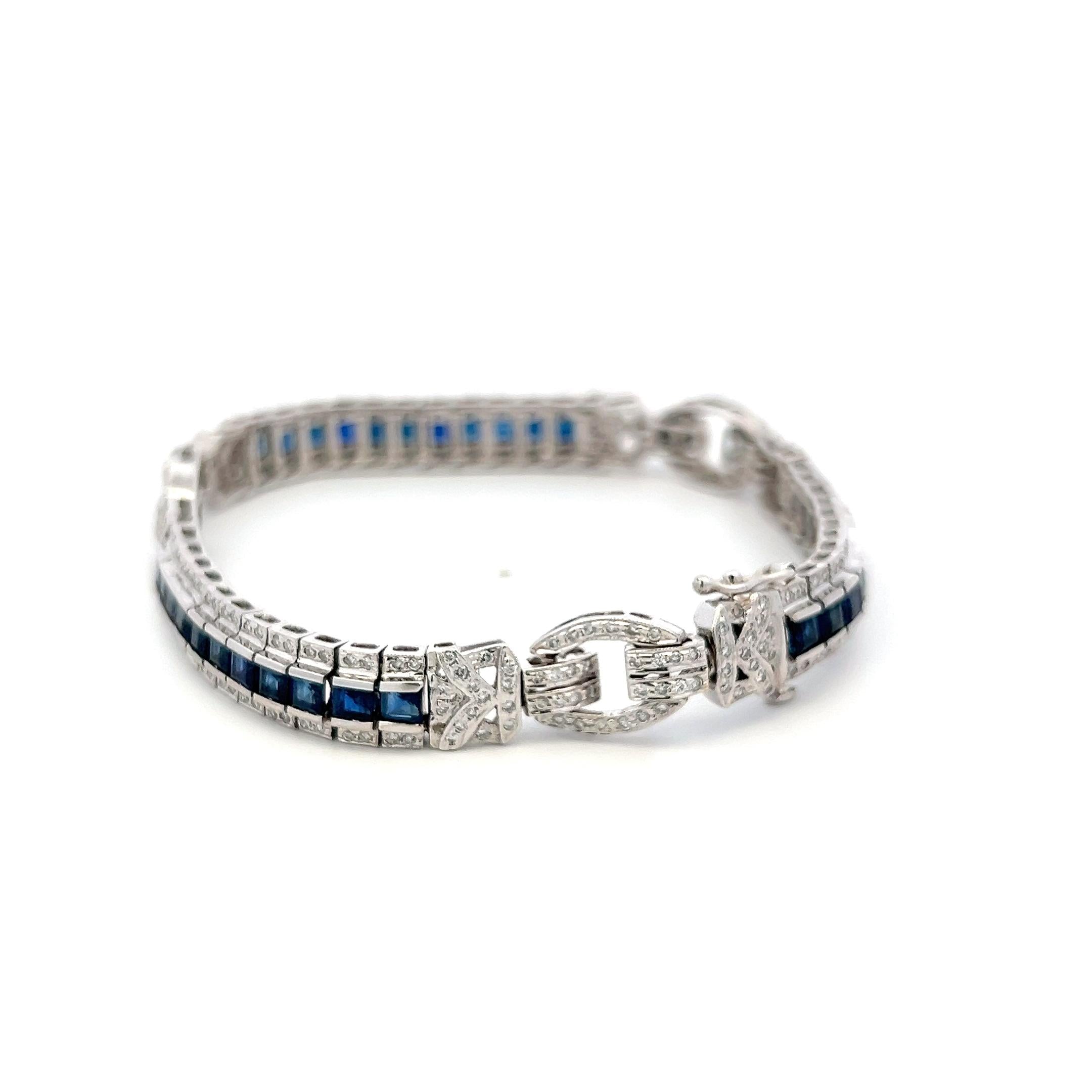 18K White Gold Art-Deco Bracelet with 1.54ct Round I I1 Diamonds & 6ct Sapphire