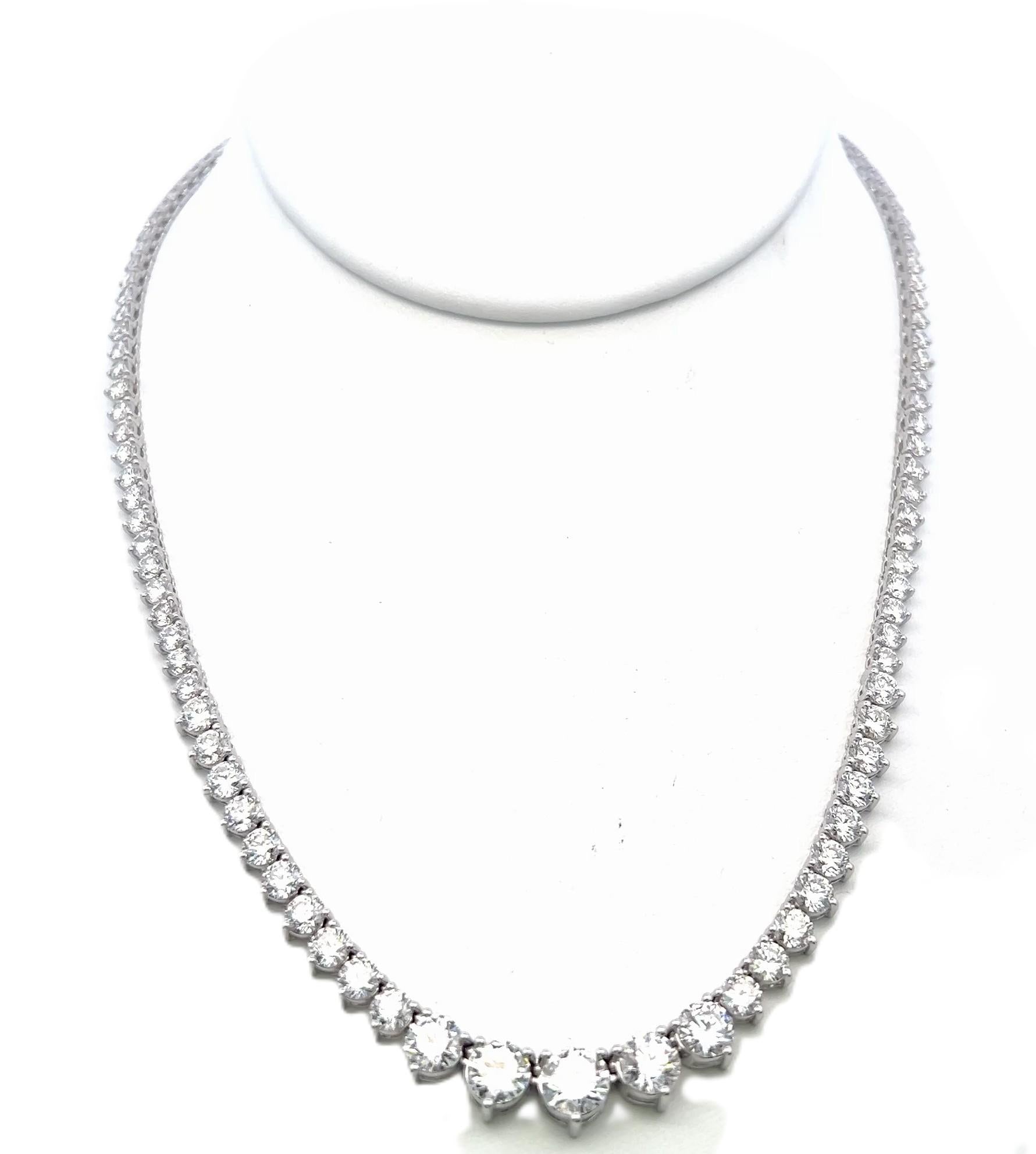18K White Gold Riviera Necklace with 19.33 Carat Round D-F Diamonds 17 Inch GIA