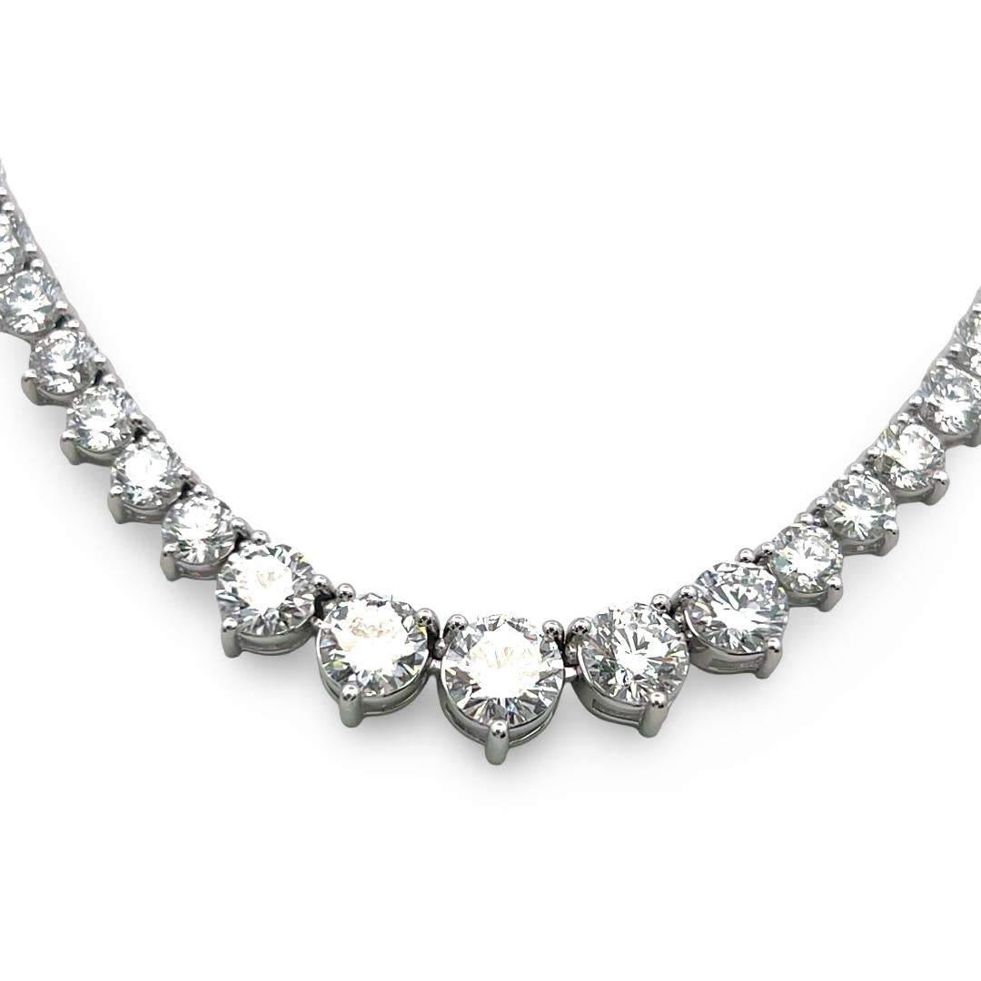 18K White Gold Riviera Necklace with 19.33 Carat Round D-F Diamonds 17 Inch GIA