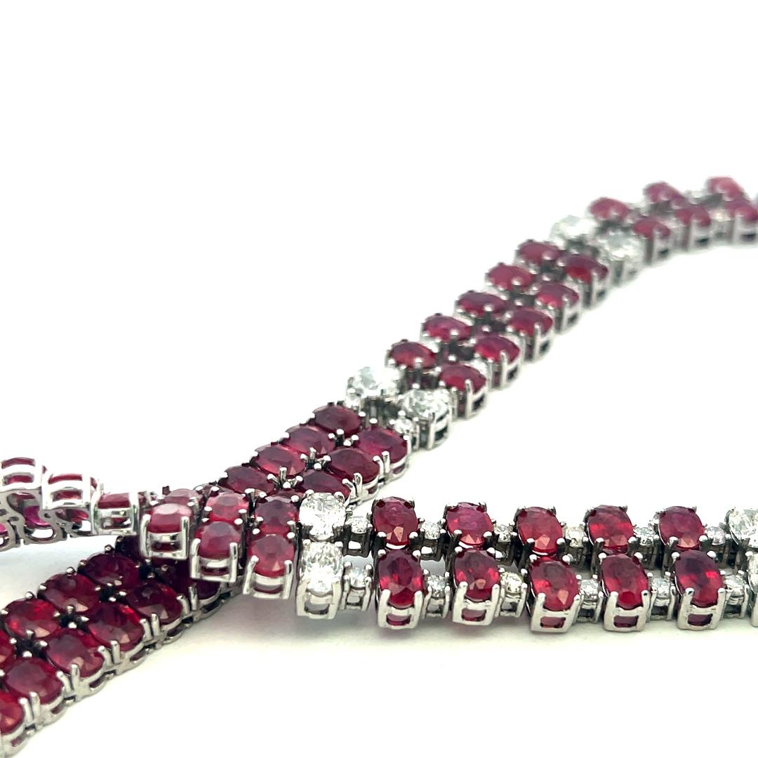 18K White Gold Riviera Necklace with 8.8ct Oval & Round Diamonds and 71ct Rubies