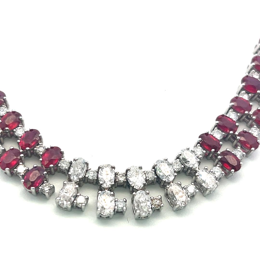18K White Gold Riviera Necklace with 8.8ct Oval & Round Diamonds and 71ct Rubies