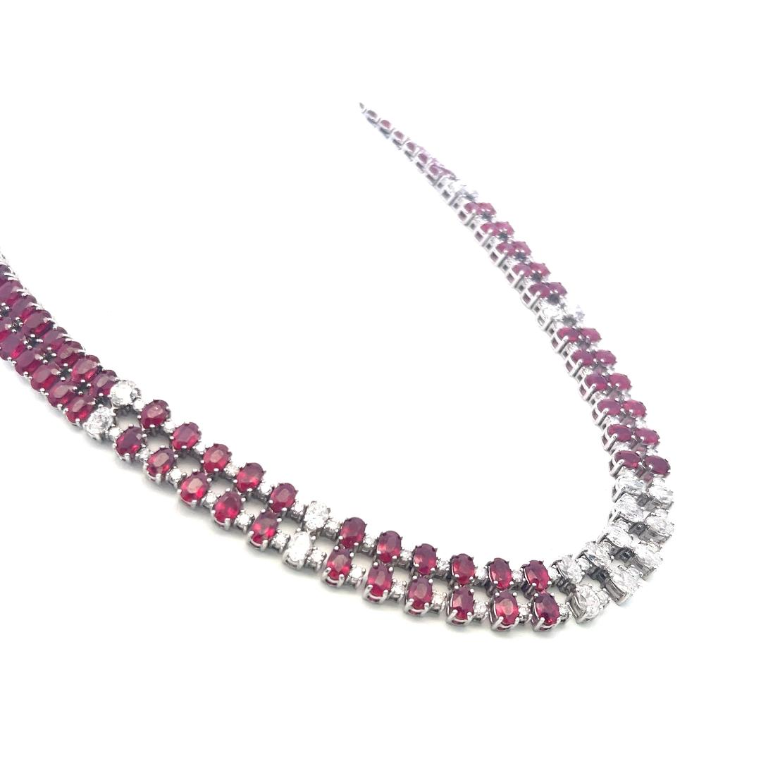 18K White Gold Riviera Necklace with 8.8ct Oval & Round Diamonds and 71ct Rubies