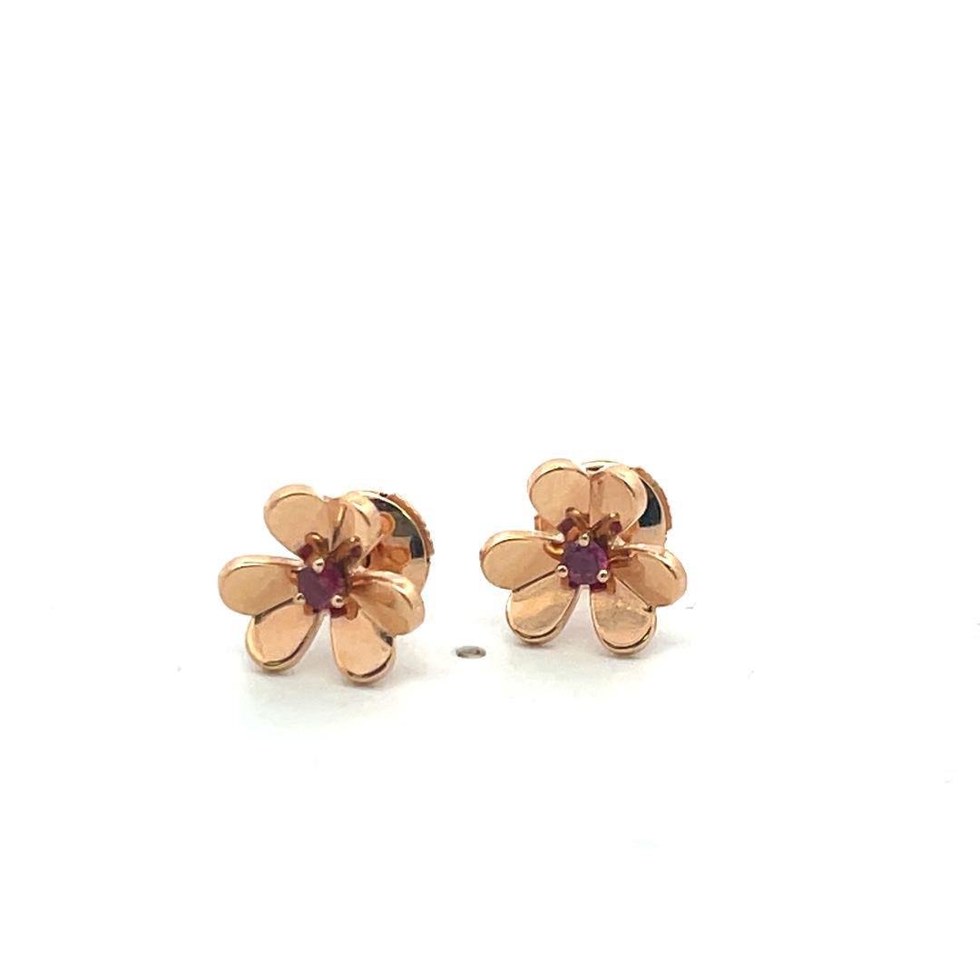 Van Cleef & Arpels 18K Rose Gold/925 Flower Stud Earrings with 0.14 Carat Ruby