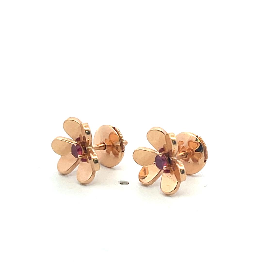 Van Cleef & Arpels 18K Rose Gold/925 Flower Stud Earrings with 0.14 Carat Ruby
