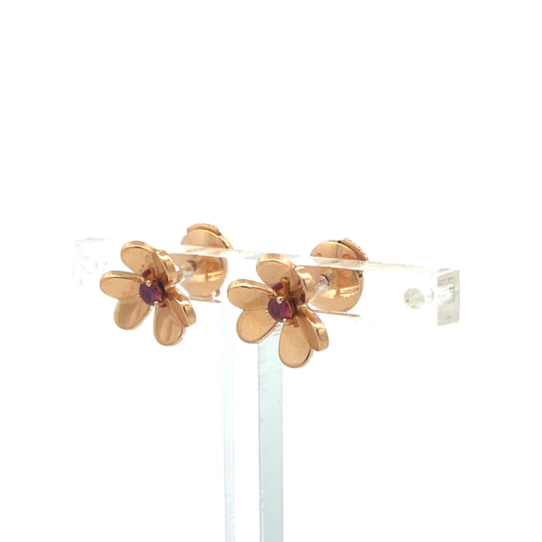 Van Cleef & Arpels 18K Rose Gold/925 Flower Stud Earrings with 0.14 Carat Ruby
