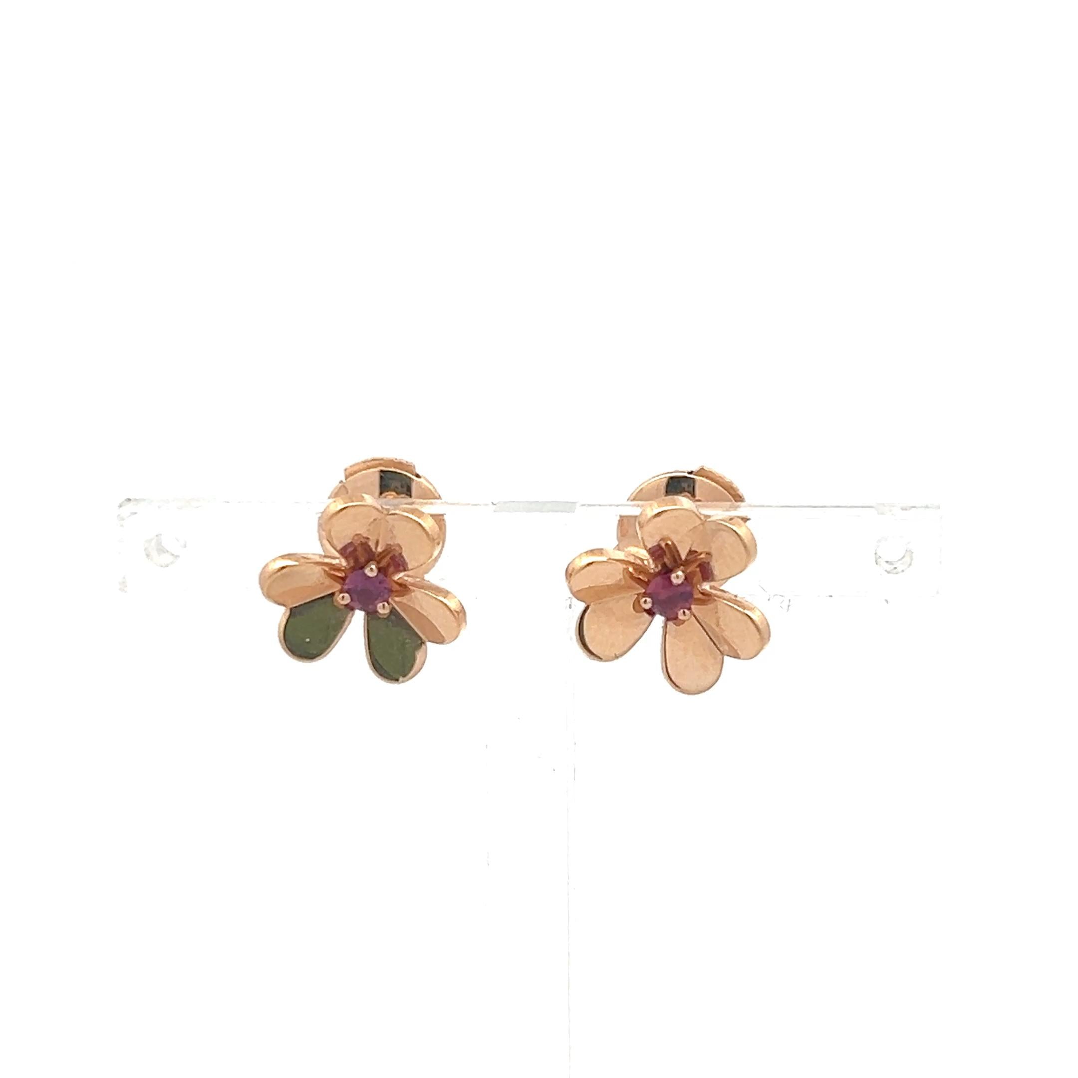 Van Cleef & Arpels 18K Rose Gold/925 Flower Stud Earrings with 0.14 Carat Ruby