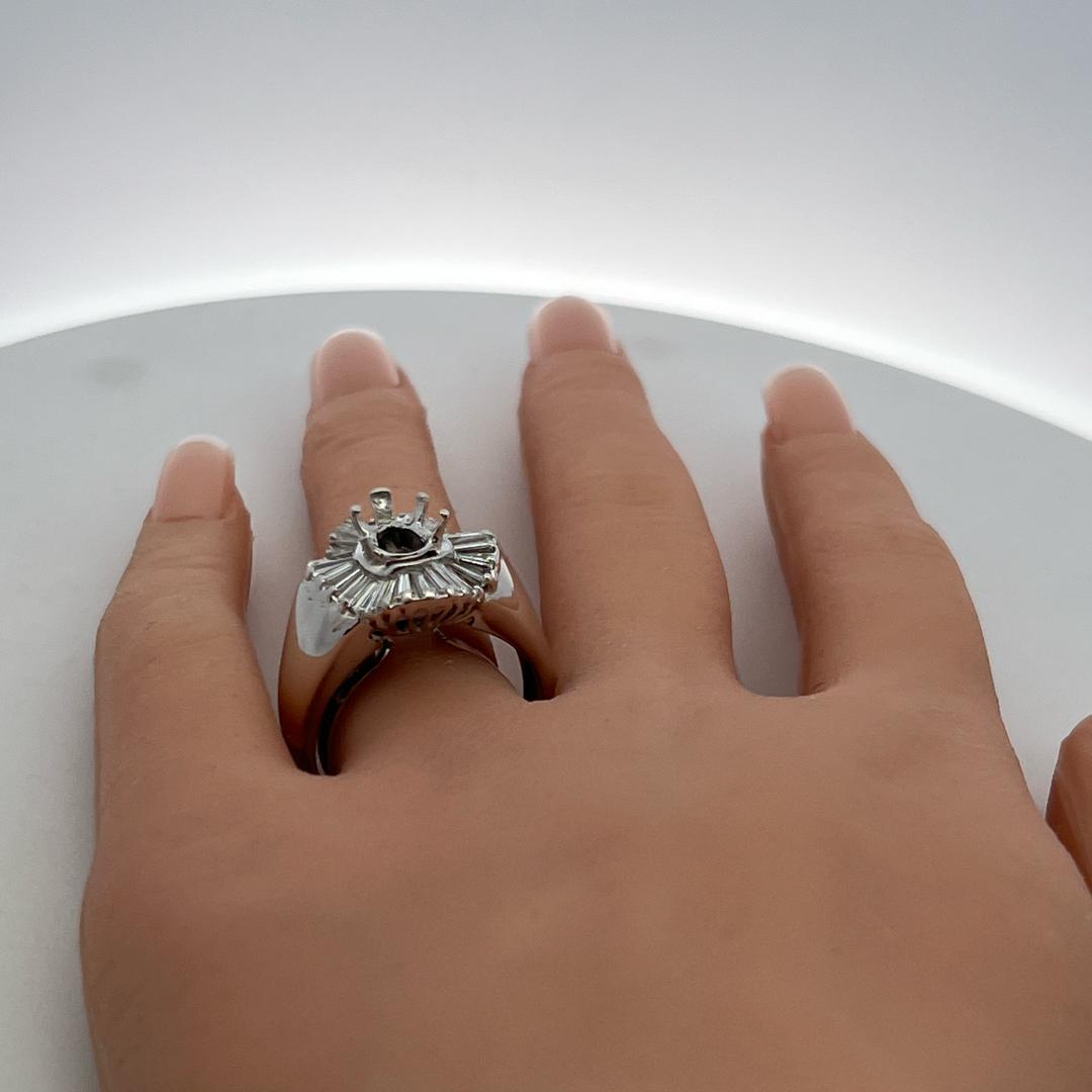 18K White Gold Semi Mount Ring 1.5ct Tapered Baguette Diamonds Fits 9.3x6.5mm