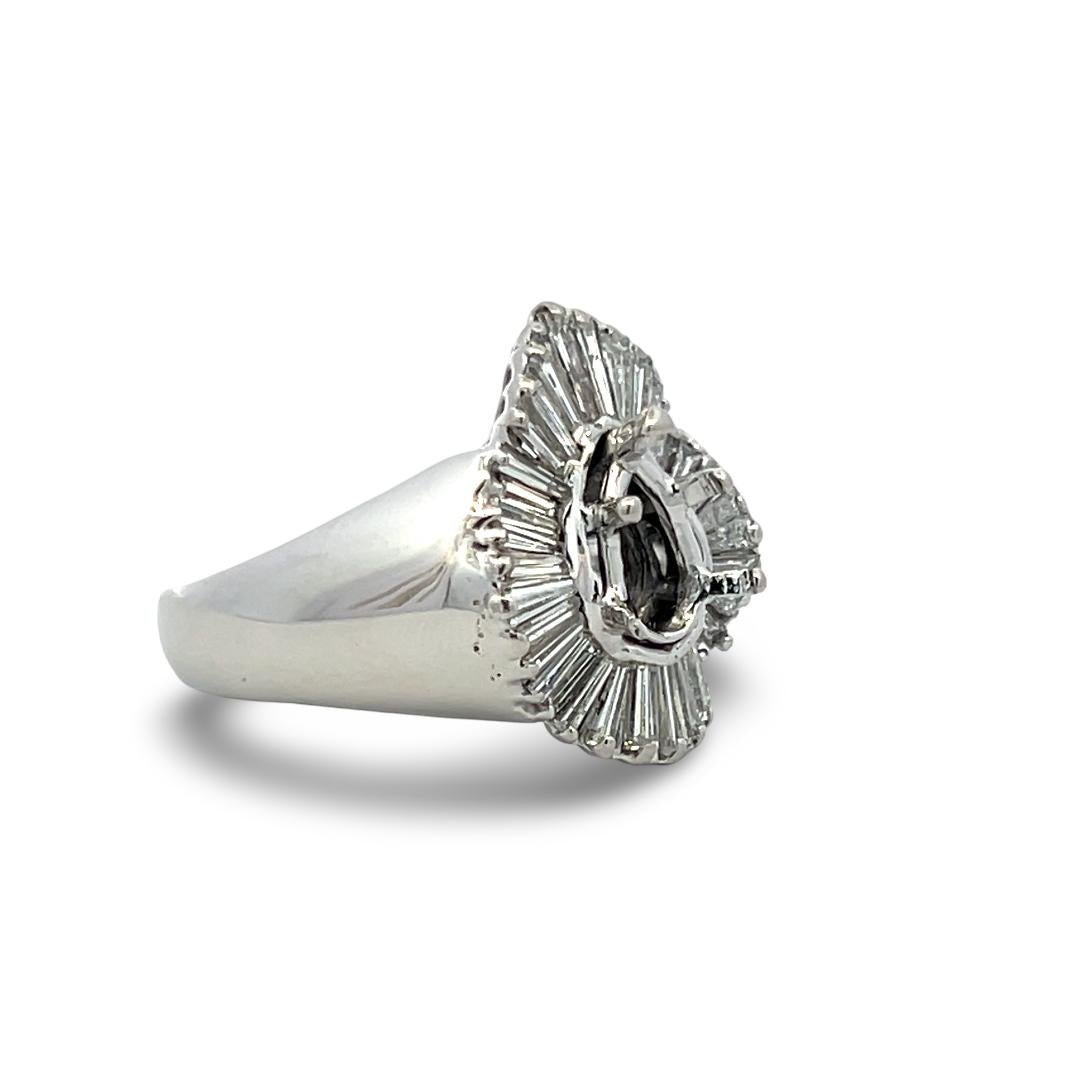 18K White Gold Semi Mount Ring 1.5ct Tapered Baguette Diamonds Fits 9.3x6.5mm