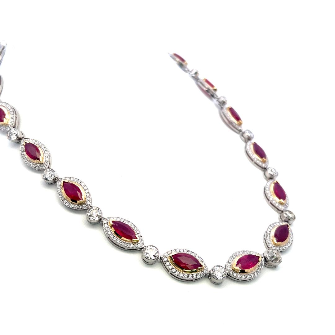 18K Two-Tone Gold Link Necklace with 15ct Old European I VS Diamonds & 18ct Ruby