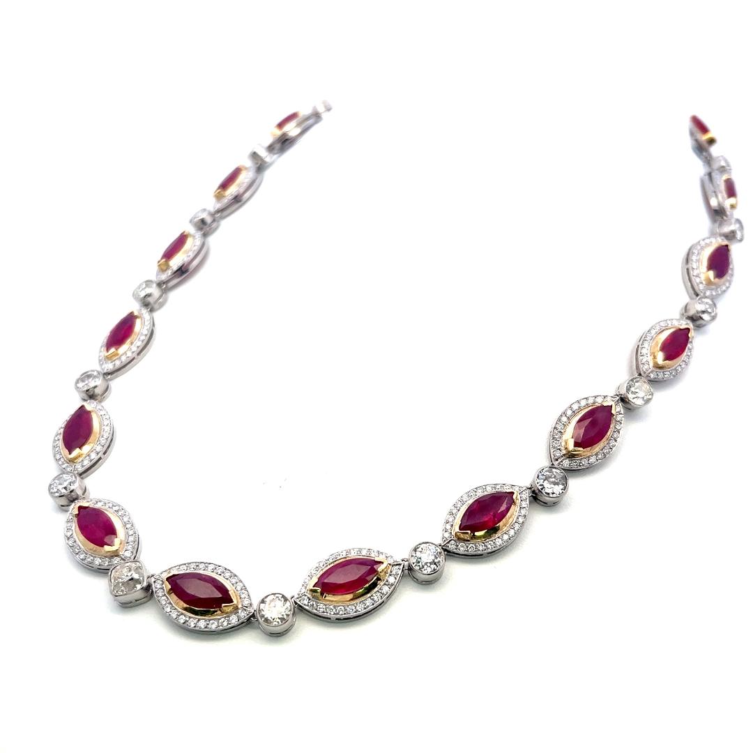 18K Two-Tone Gold Link Necklace with 15ct Old European I VS Diamonds & 18ct Ruby