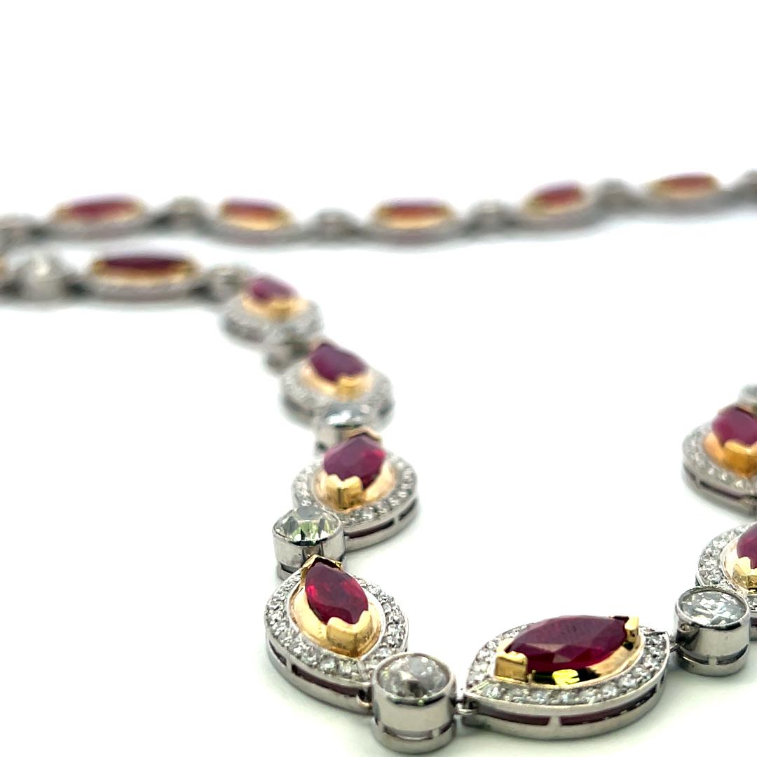 18K Two-Tone Gold Link Necklace with 15ct Old European I VS Diamonds & 18ct Ruby