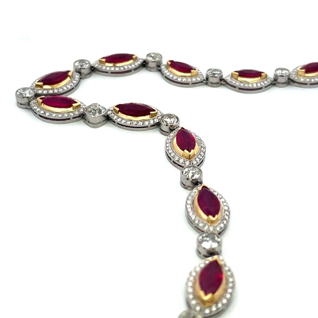18K Two-Tone Gold Link Necklace with 15ct Old European I VS Diamonds & 18ct Ruby
