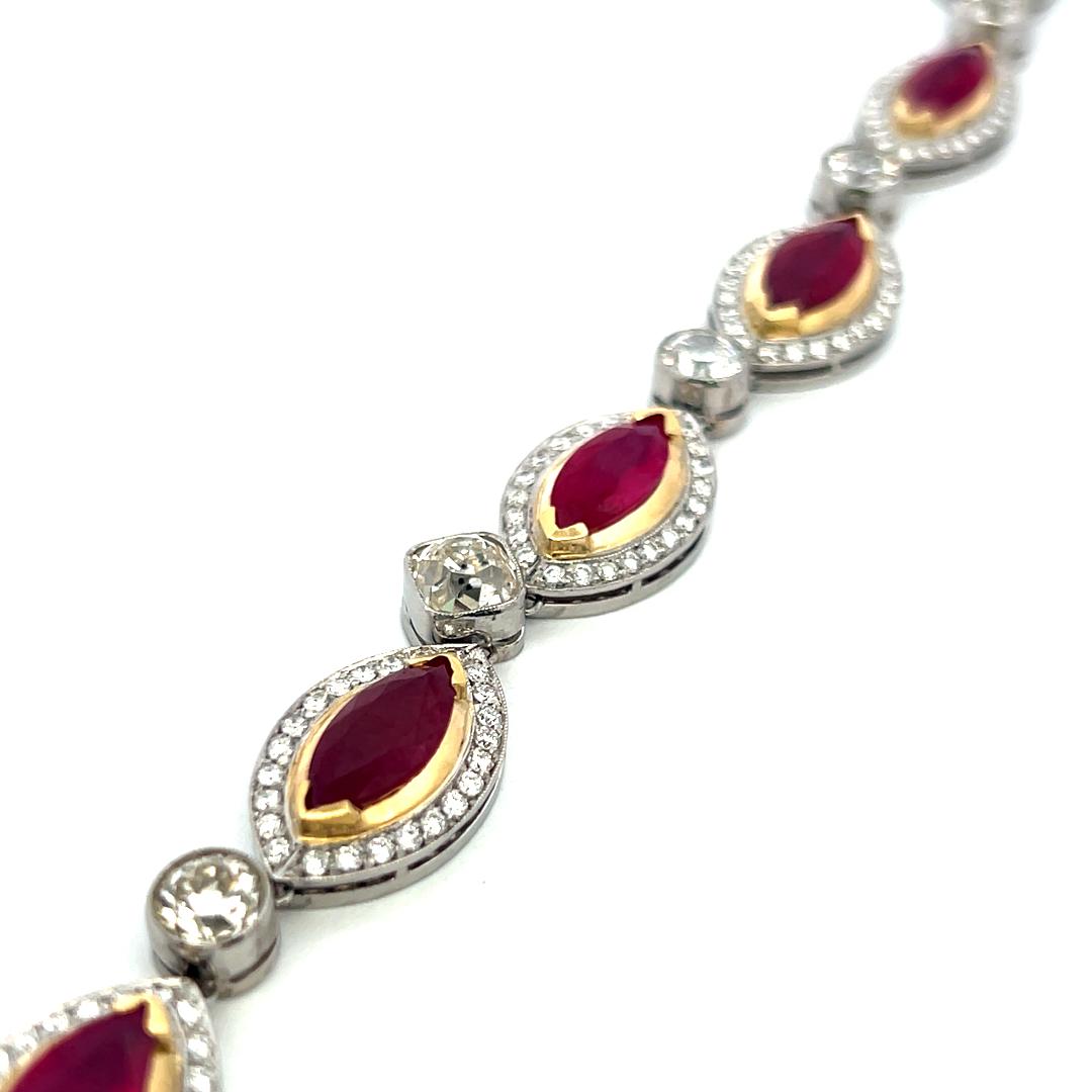18K Two-Tone Gold Link Necklace with 15ct Old European I VS Diamonds & 18ct Ruby