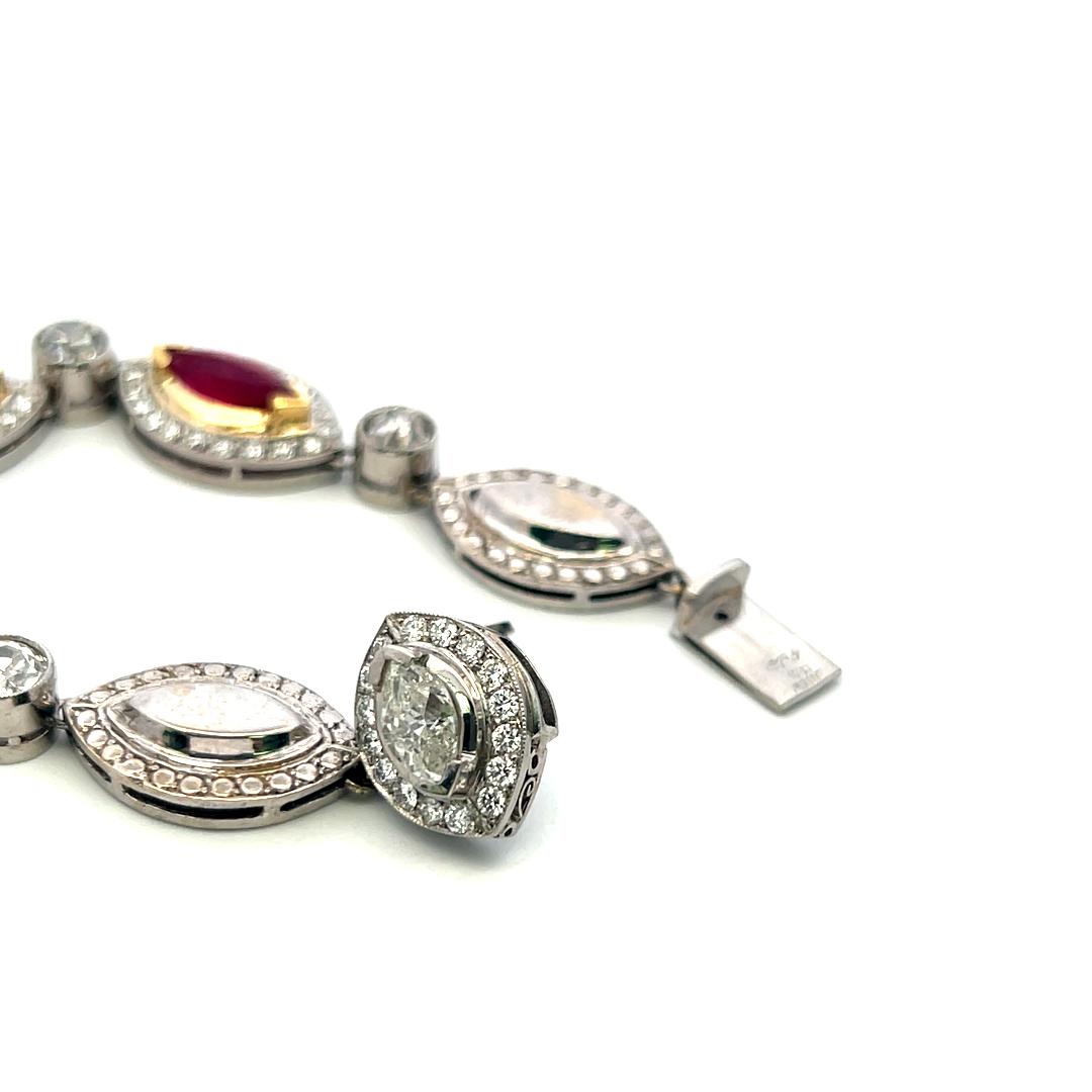 18K Two-Tone Gold Link Necklace with 15ct Old European I VS Diamonds & 18ct Ruby