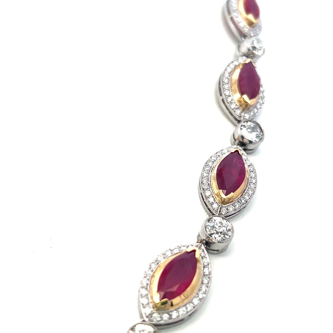 18K Two-Tone Gold Link Necklace with 15ct Old European I VS Diamonds & 18ct Ruby