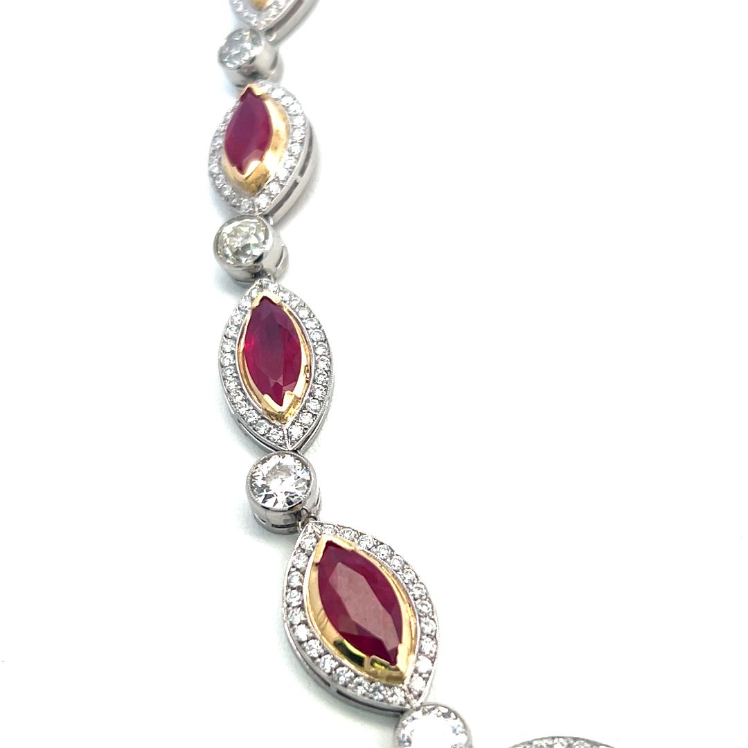18K Two-Tone Gold Link Necklace with 15ct Old European I VS Diamonds & 18ct Ruby